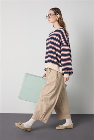Kadın Lacivert Çizgili Bisiklet Yaka Oversize Sweatshirt 32096