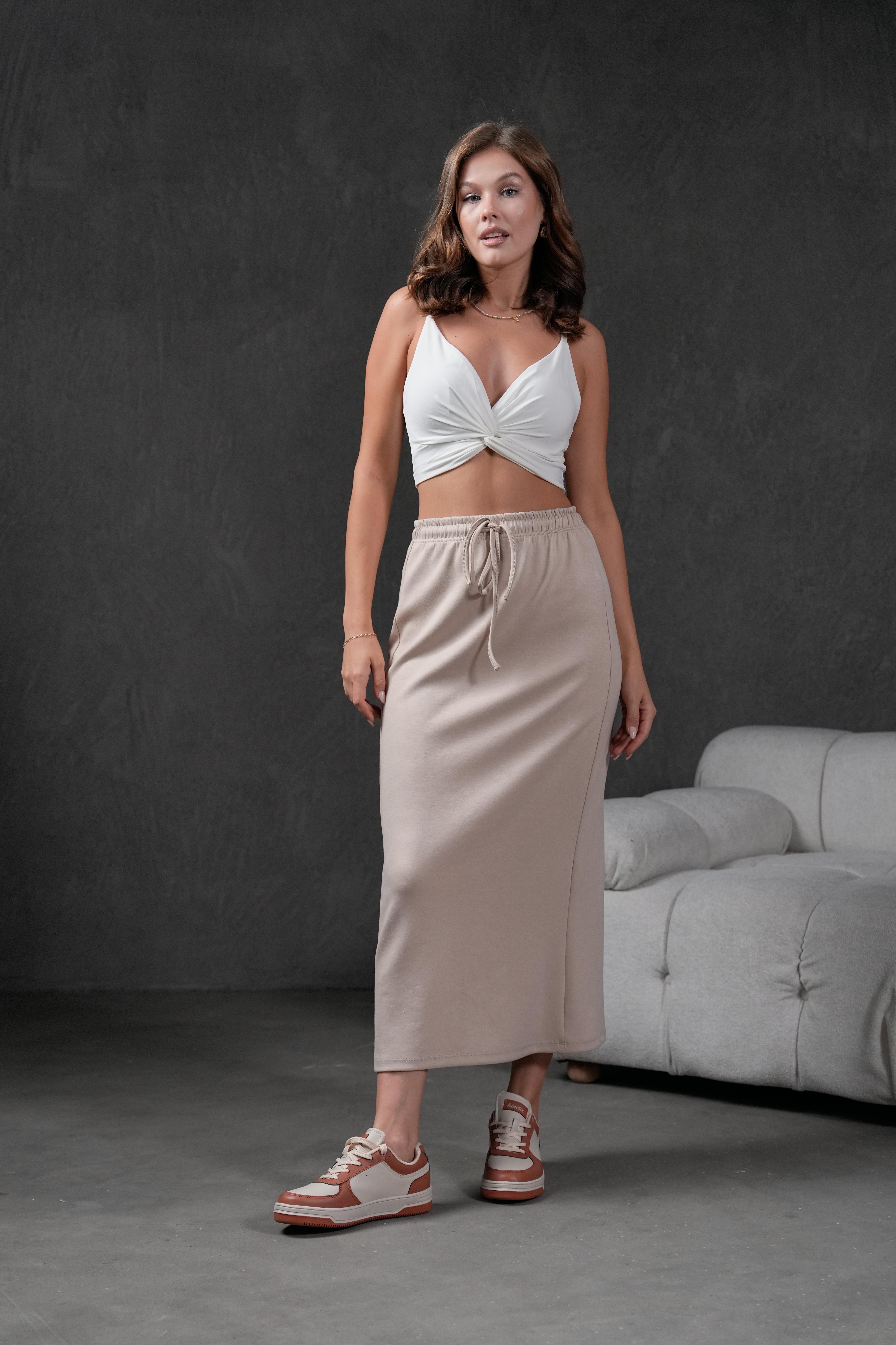  Taş Örme Modal Beli Lastikli Yırtmaçlı Uzun Kadın Etek 28035
