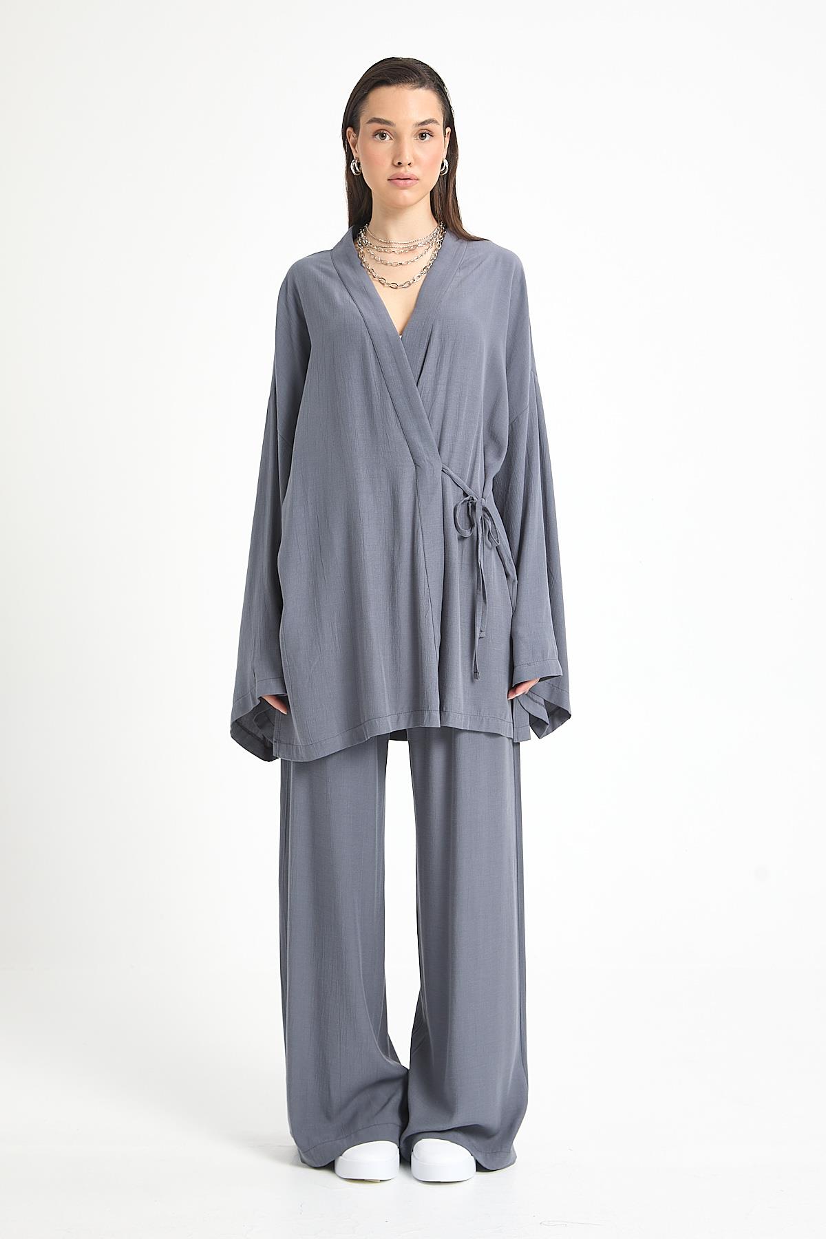 Antrasit Tensel Kumaş Pantolon Kimono Alt/Üst Takım 29199