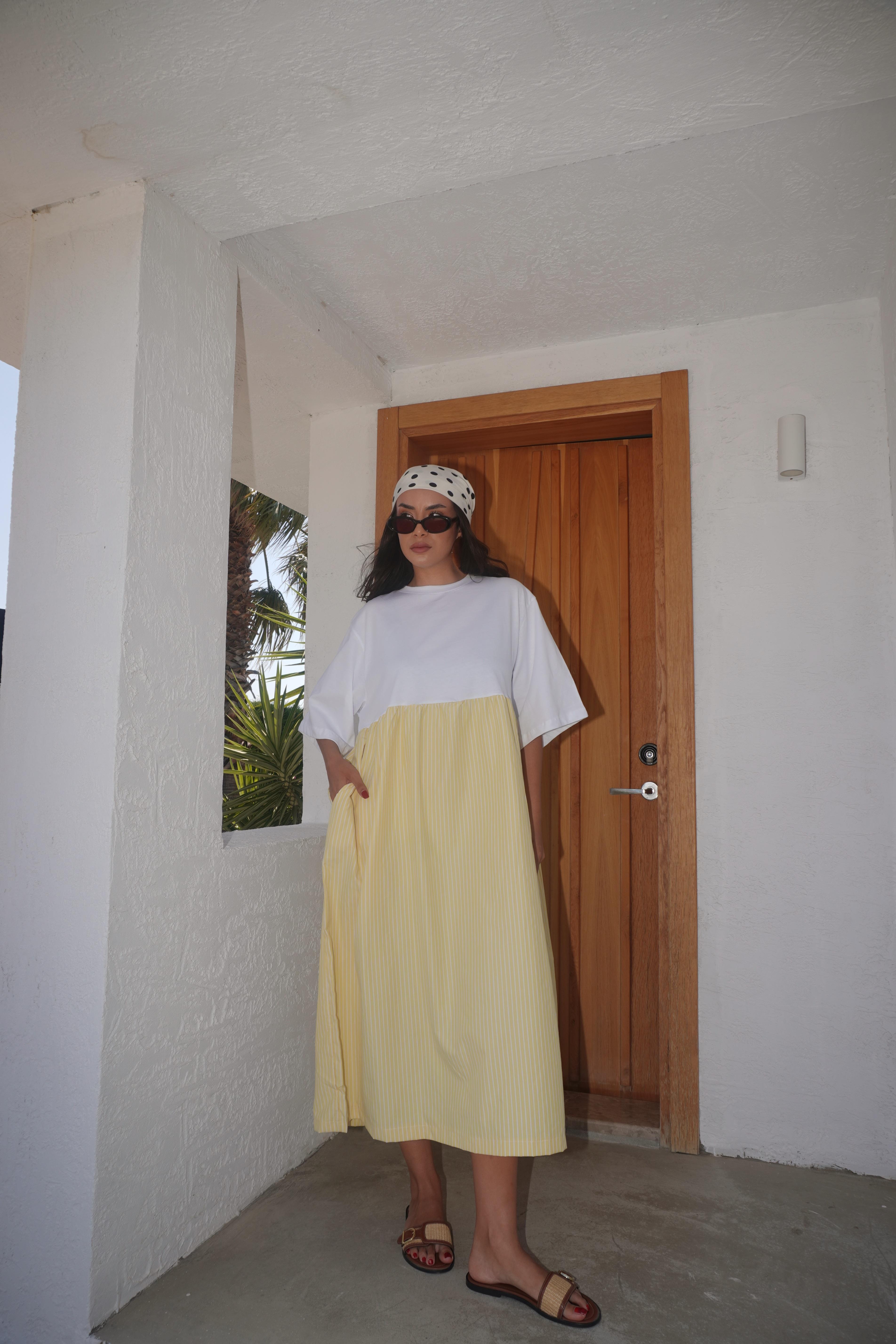 Aure Oversize Çizgili Elbise Sarı