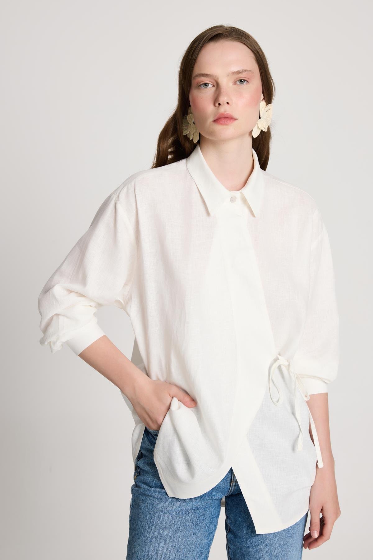 Barley Keten Bağlamalı Gömlek Beyaz