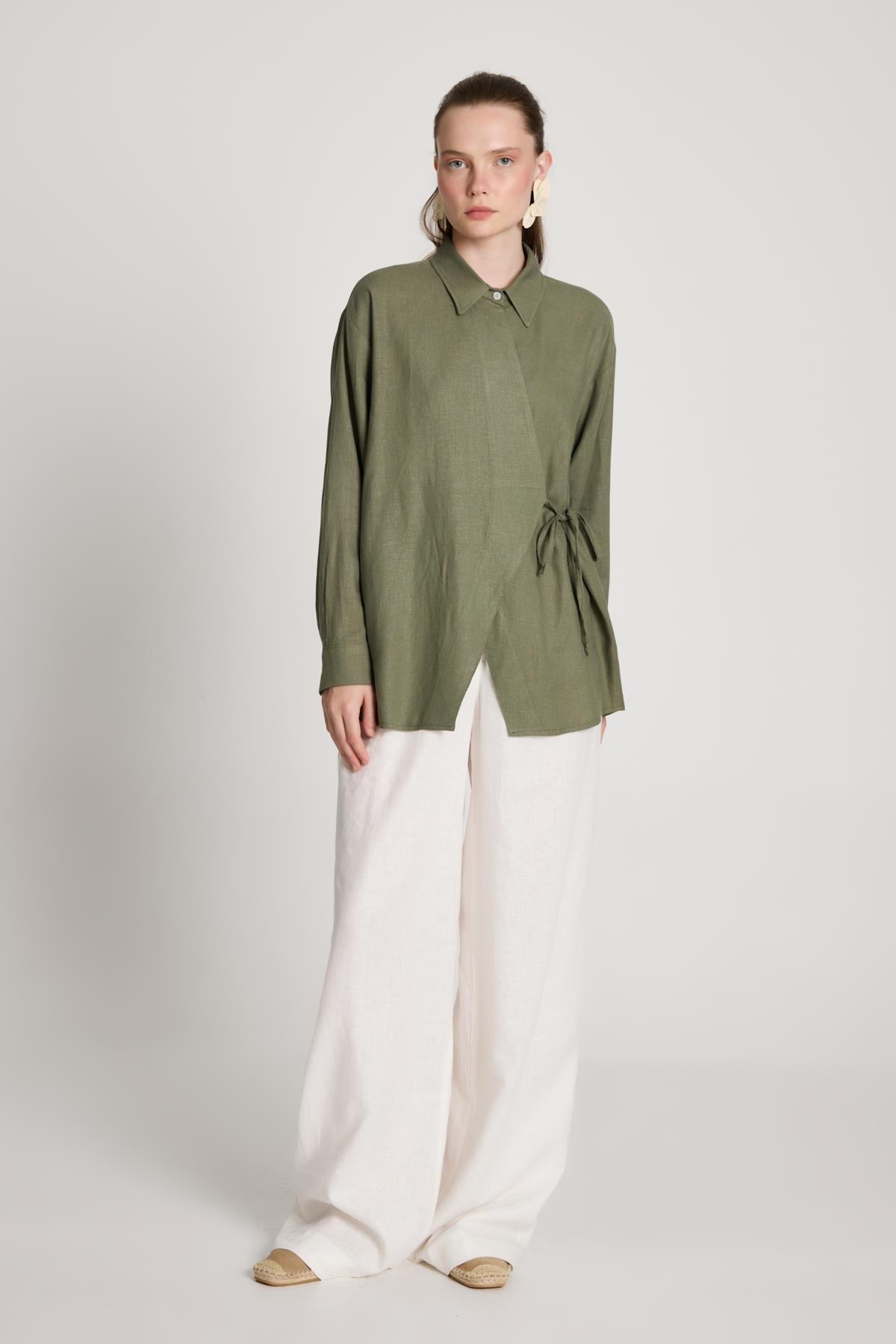 Barley Keten Bağlamalı Gömlek Haki