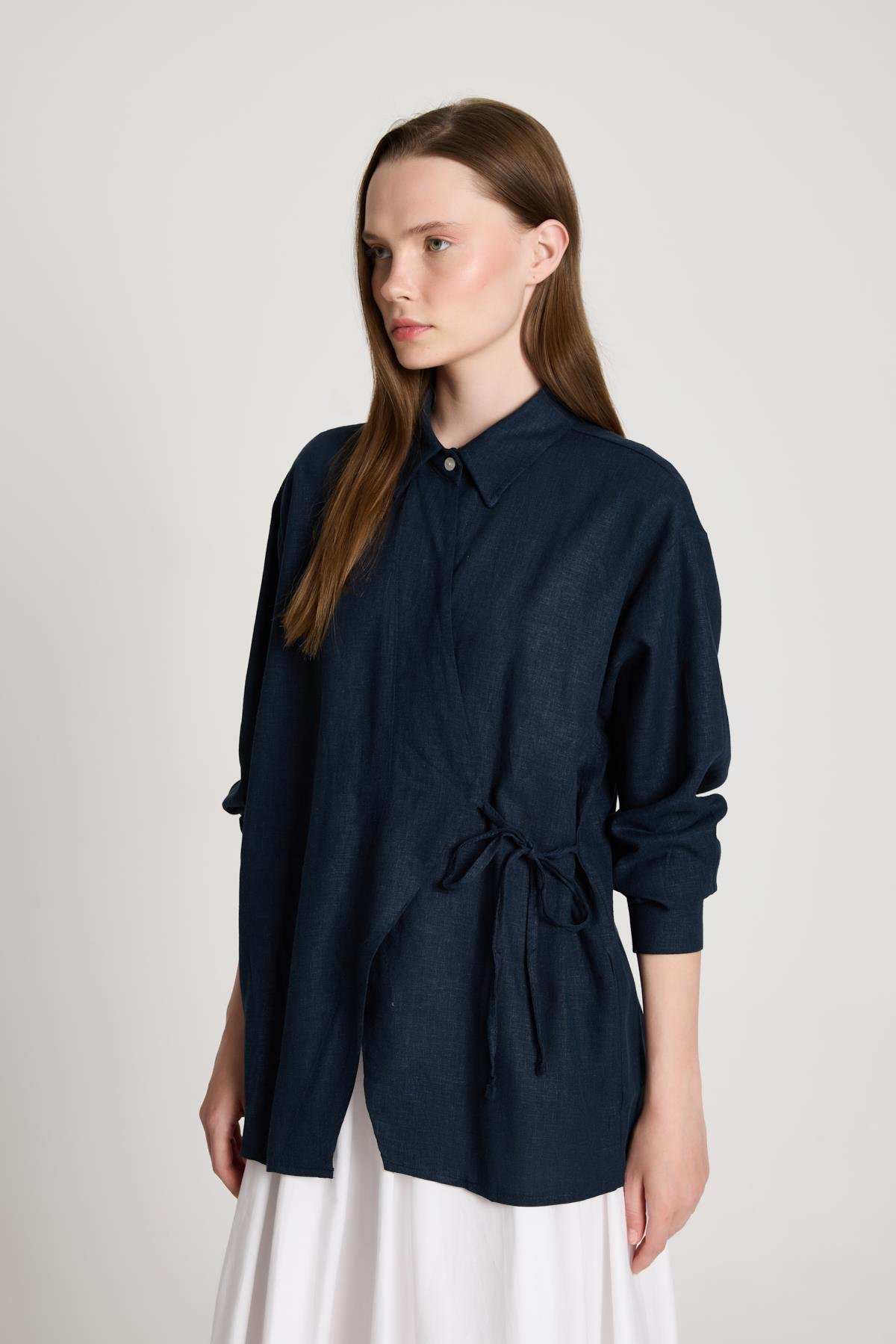 Barley Keten Bağlamalı Gömlek Lacivert