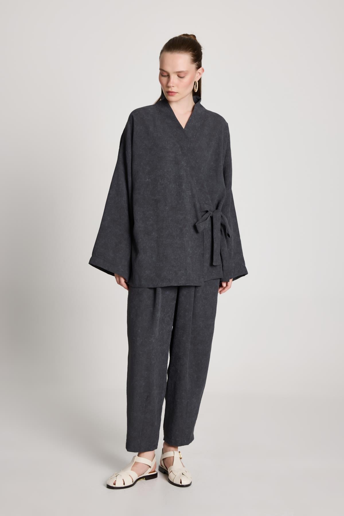 Bellamy Bağlamalı Keten Kimono Antrasit