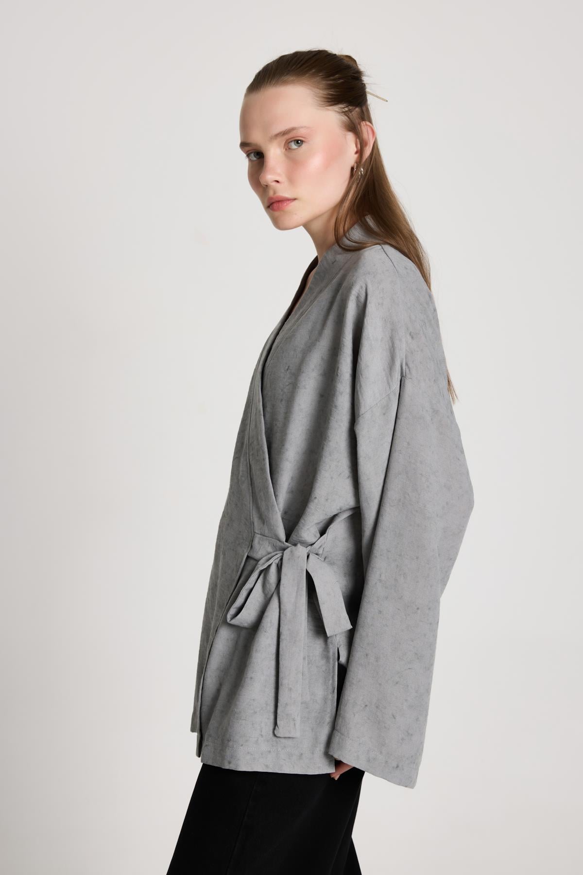 Bellamy Bağlamalı Keten Kimono Gri
