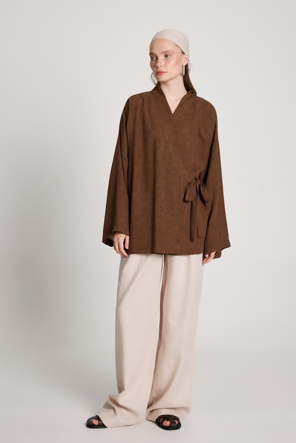 Bellamy Bağlamalı Keten Kimono Kahve