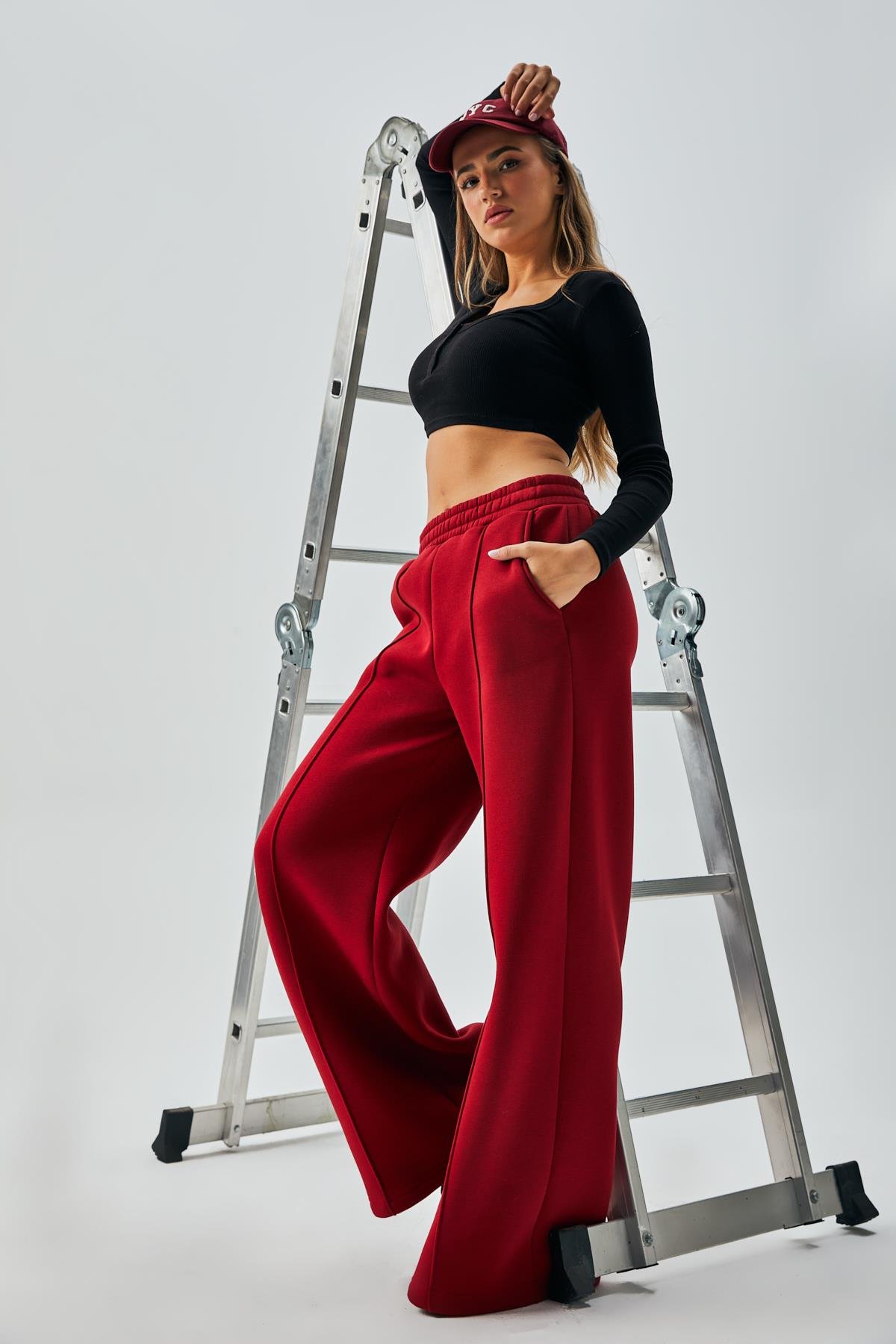 Bordo Geniş Kesim Beli Lastikli Şardonlu Eşortman Altı 