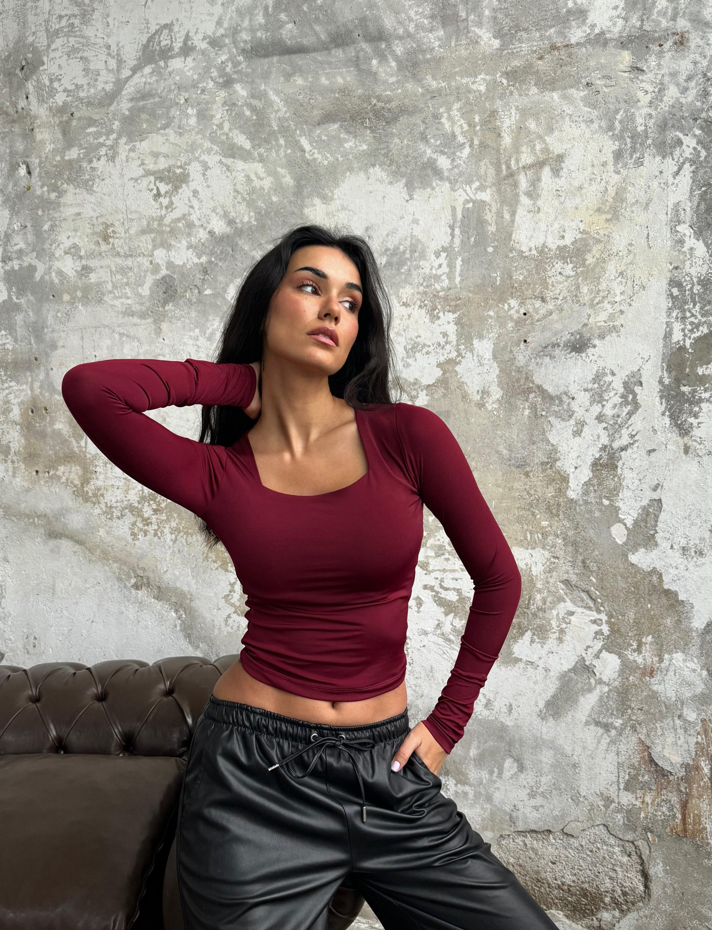 Bordo Kare Yaka Uzun Kollu Slimfit Basic Body 27053