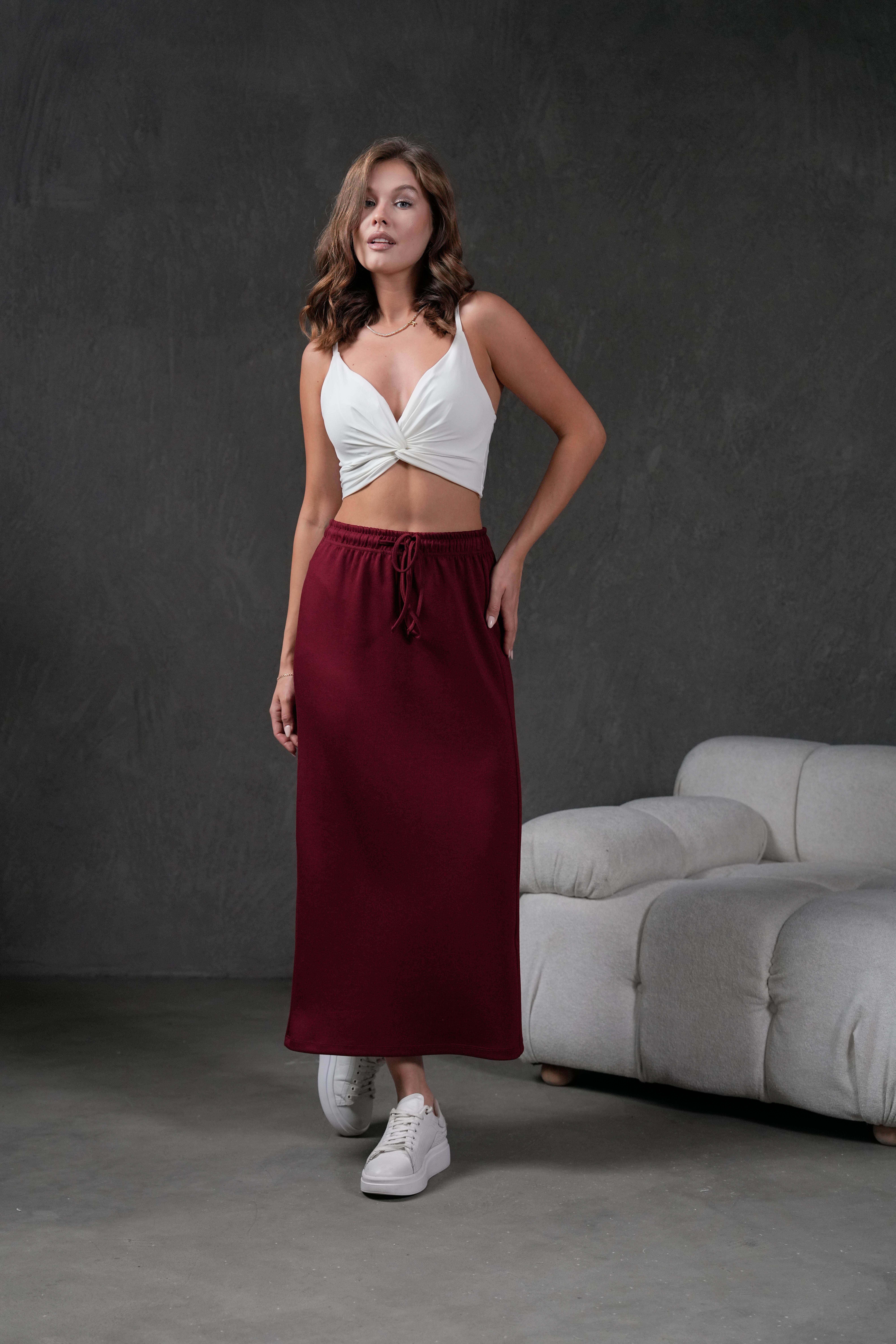 Bordo Örme Modal Beli Lastikli Yırtmaçlı Uzun Kadın Etek 28035