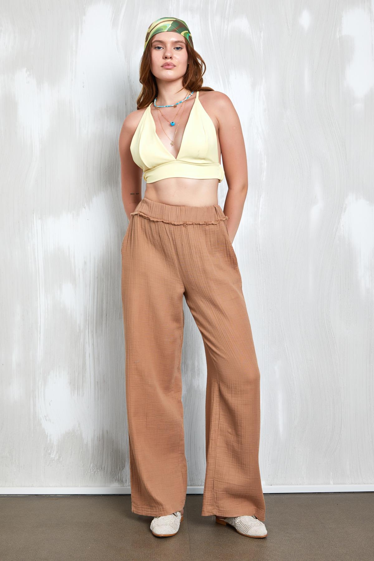 Camel Müslin Kumaş Beli Lastikli Bol Kesim Pantolon 27352