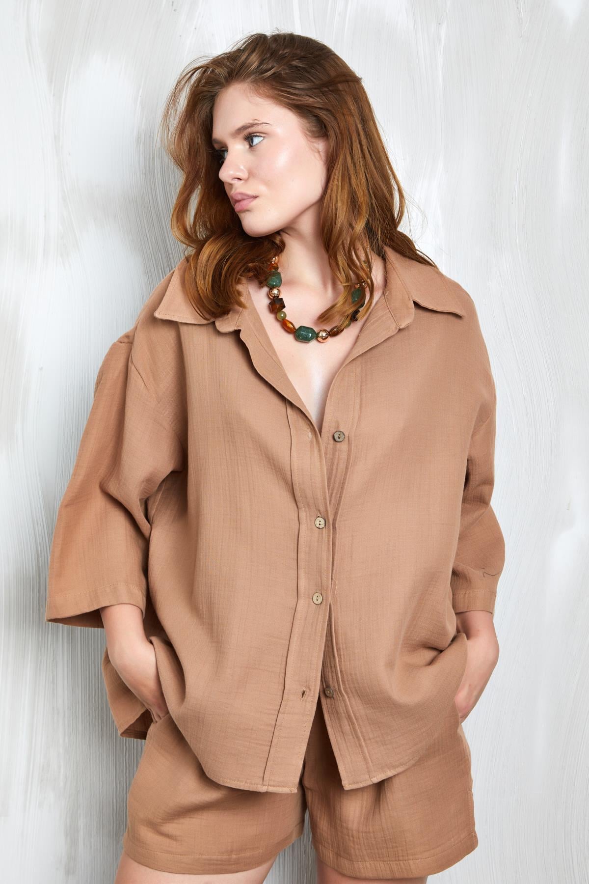 Camel Müslin Kumaş Oversize Fakir Kol Gömlek 27349
