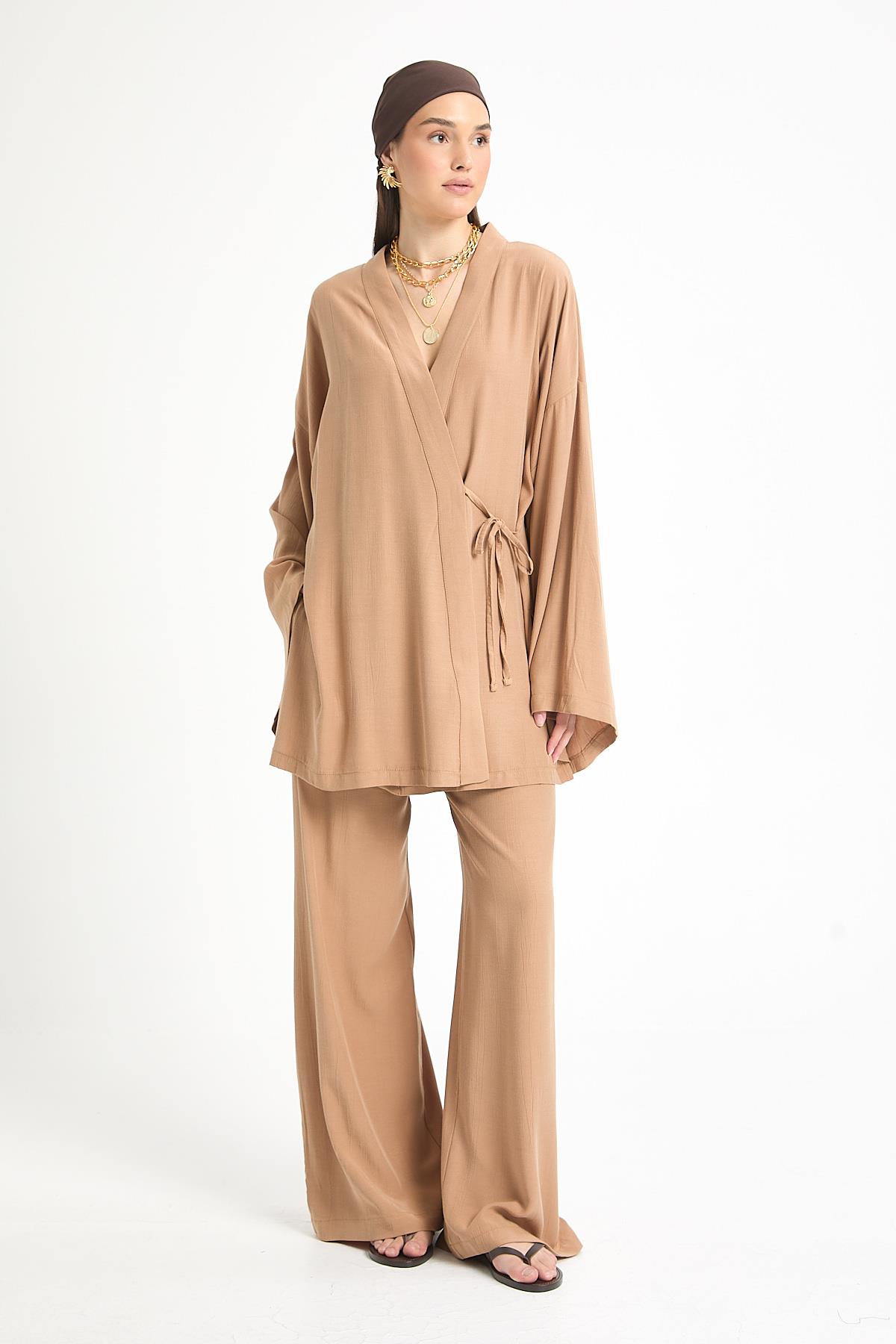 Camel Tensel Kumaş Pantolon Kimono Alt/Üst Takım 29199