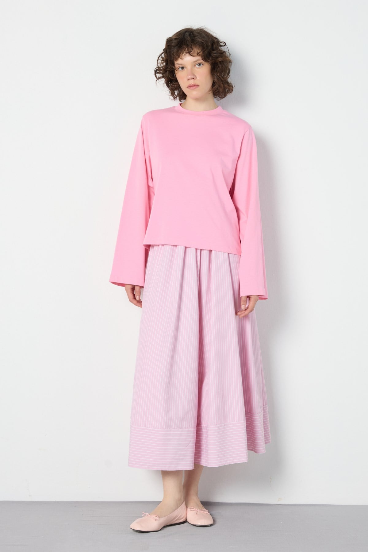 Crop Geniş Kol Oversize Basic T-shirt Pembe
