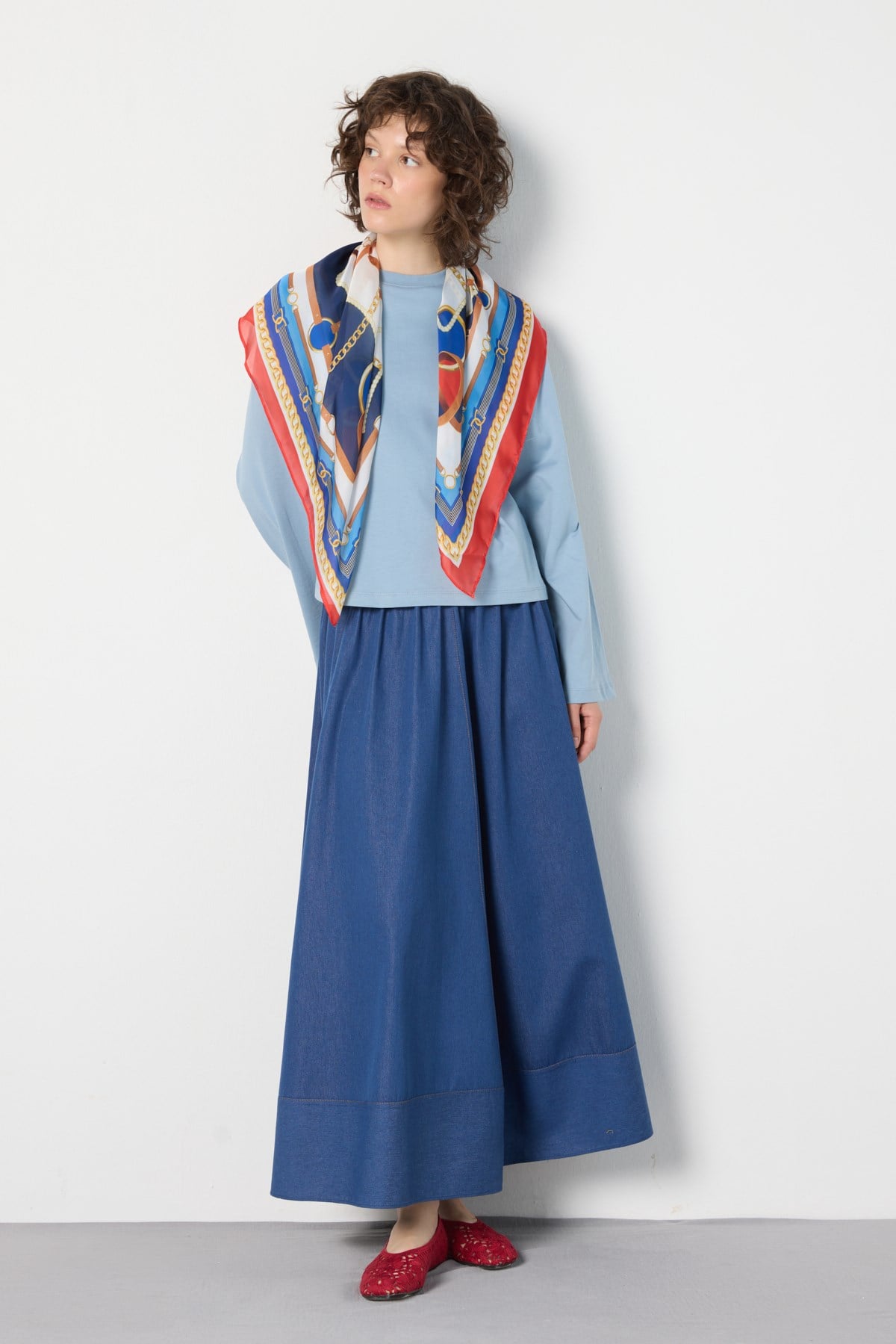Crop Geniş Kol Oversize Basic T-shirt Mavi