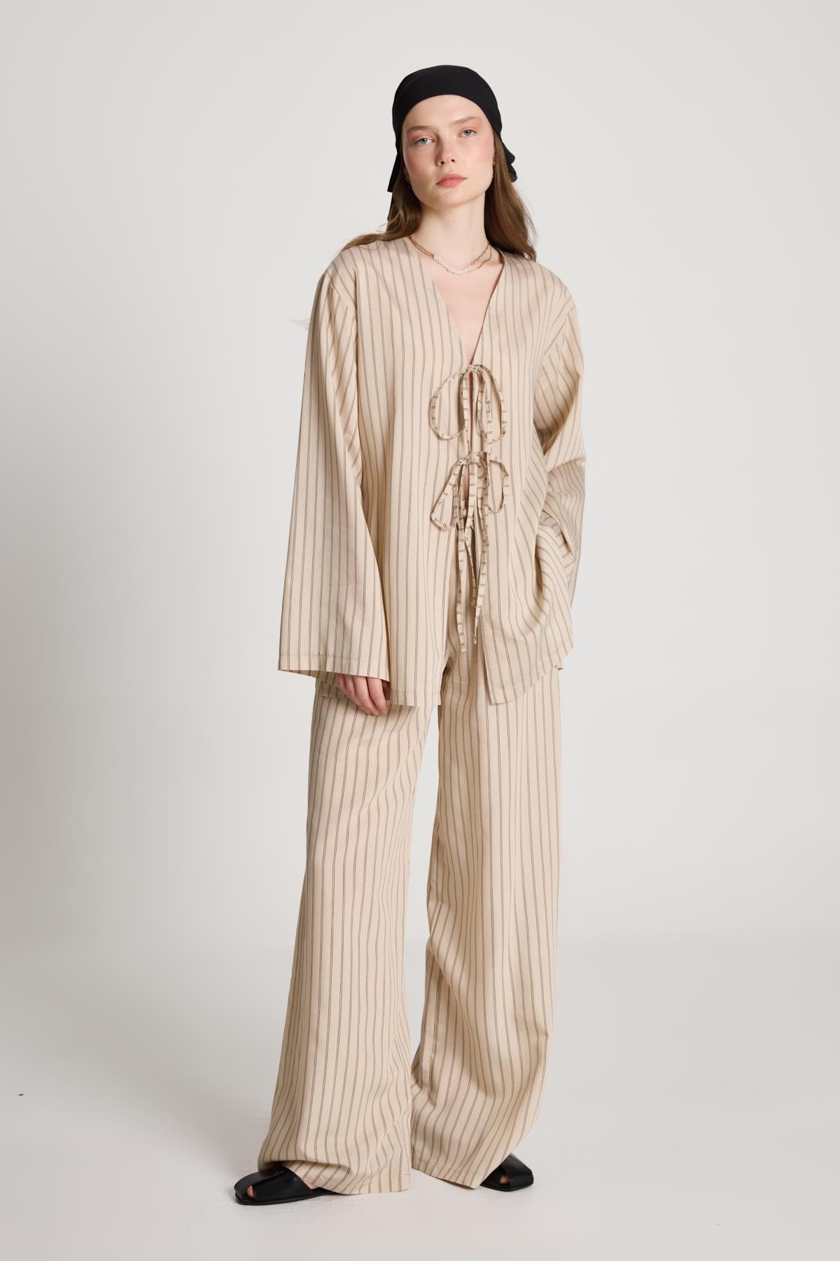 Darrell Çizgili Bağlamalı Gömlek/Pantolon Takım Bej 