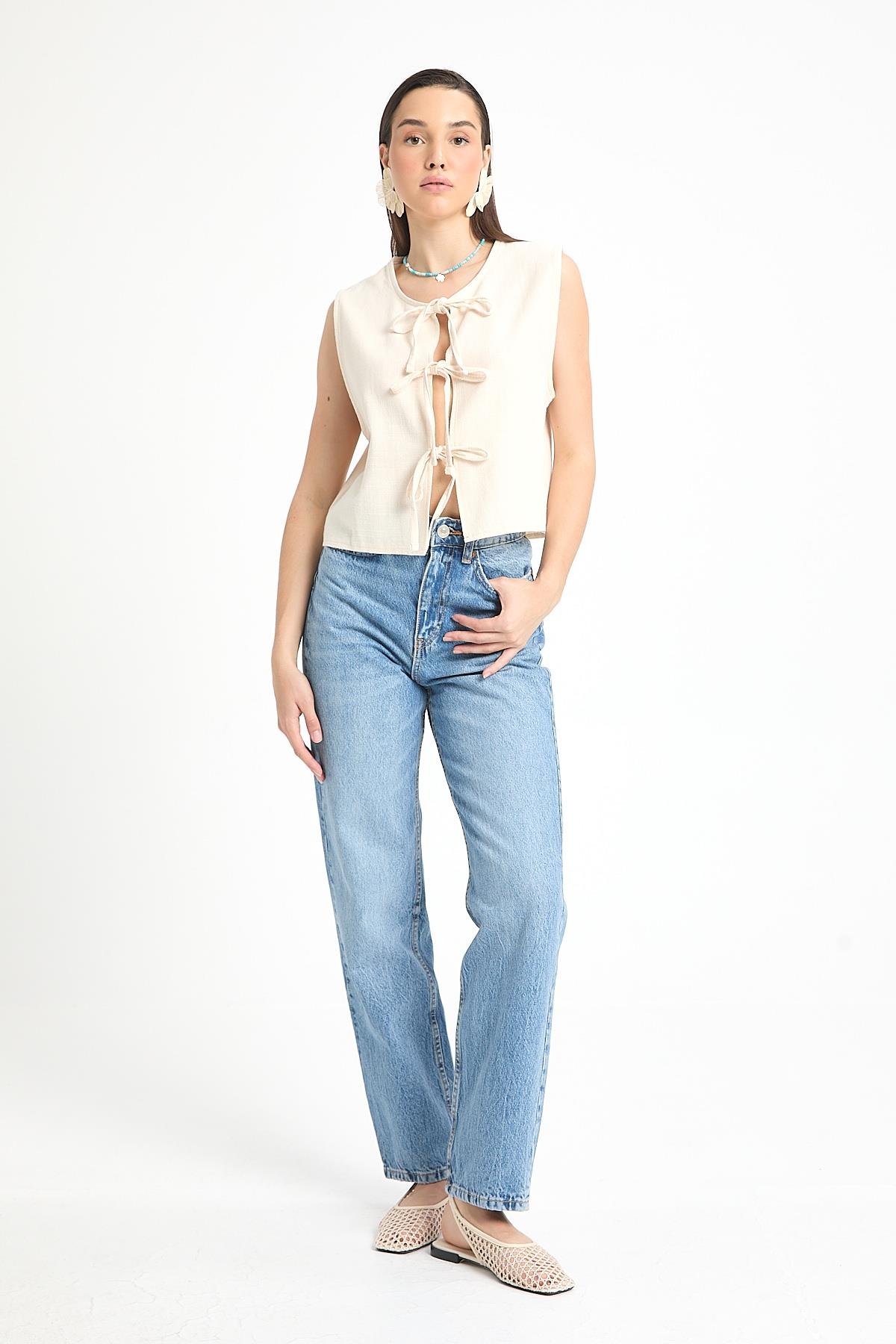 Ekru Bağcıklı Kısa %100 Pamuk Yelek 29204