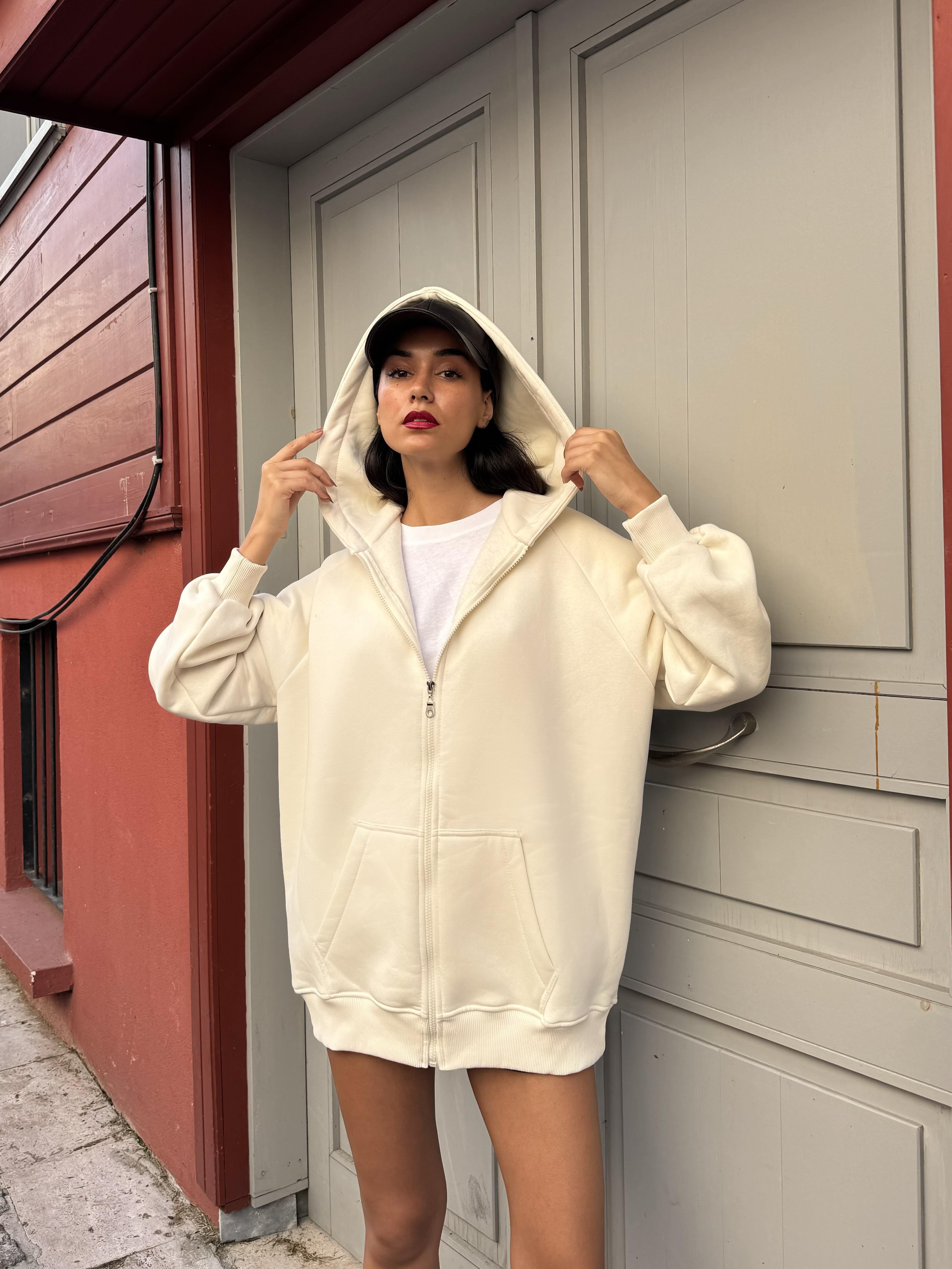 Ekru Fermuarlı Kapüşonlu Unisex Şardonlu Oversize Sweatshirt 28217
