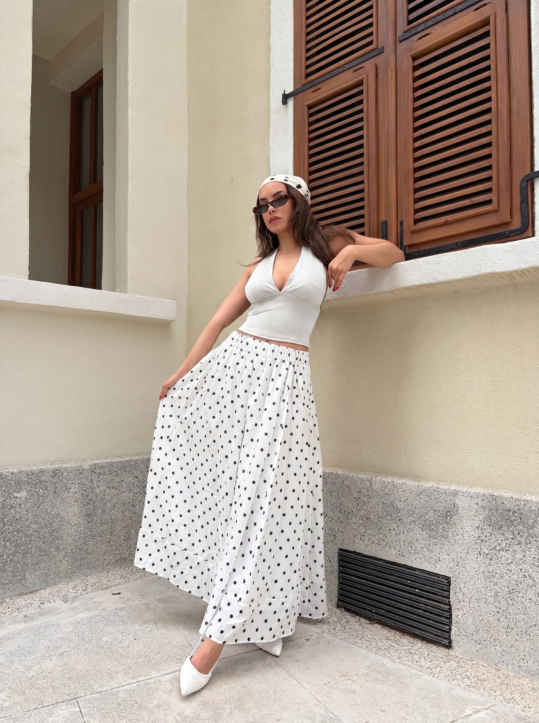 Ekru-Siyah Puantiyeli Astarlı Uzun Etek 31118