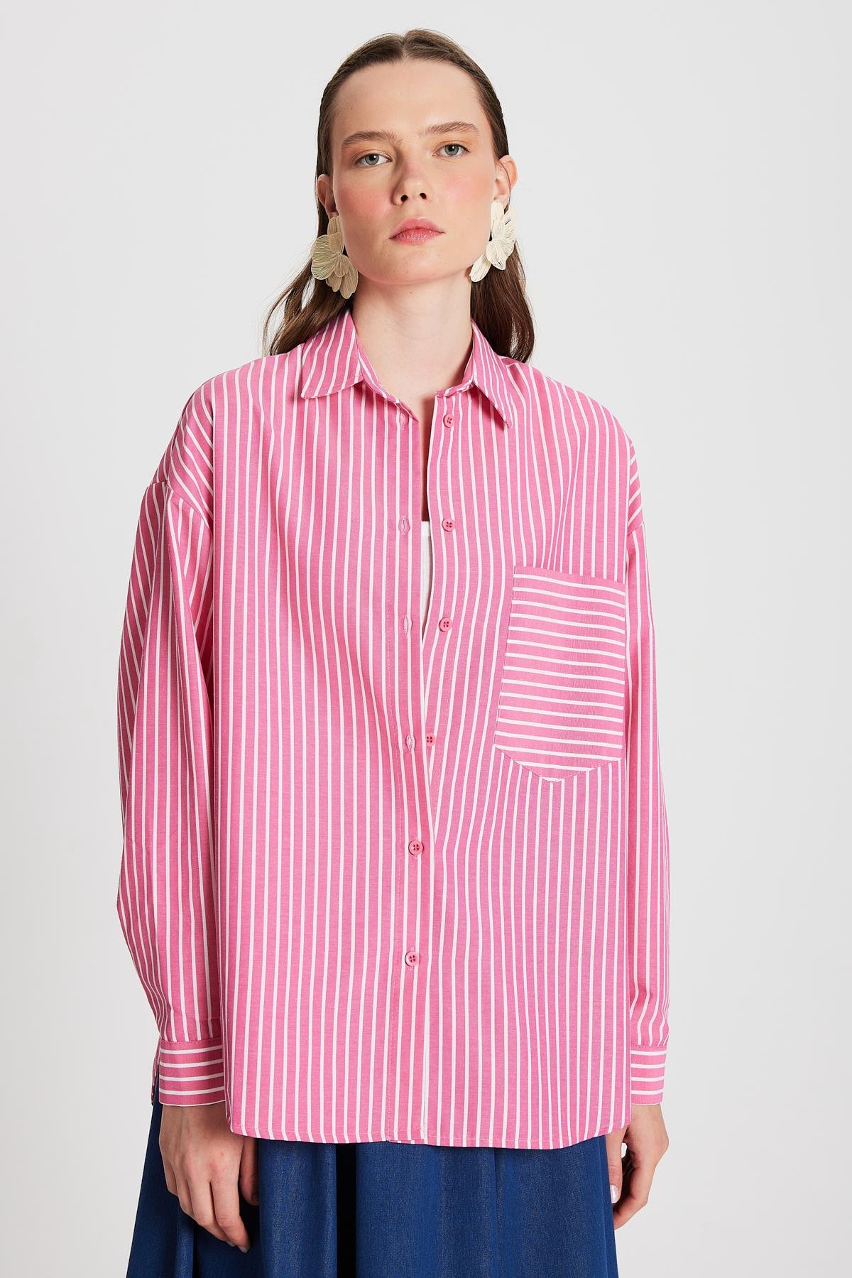 Fuşya Beyaz Çizgili Oversize Cepli Gömlek 27135