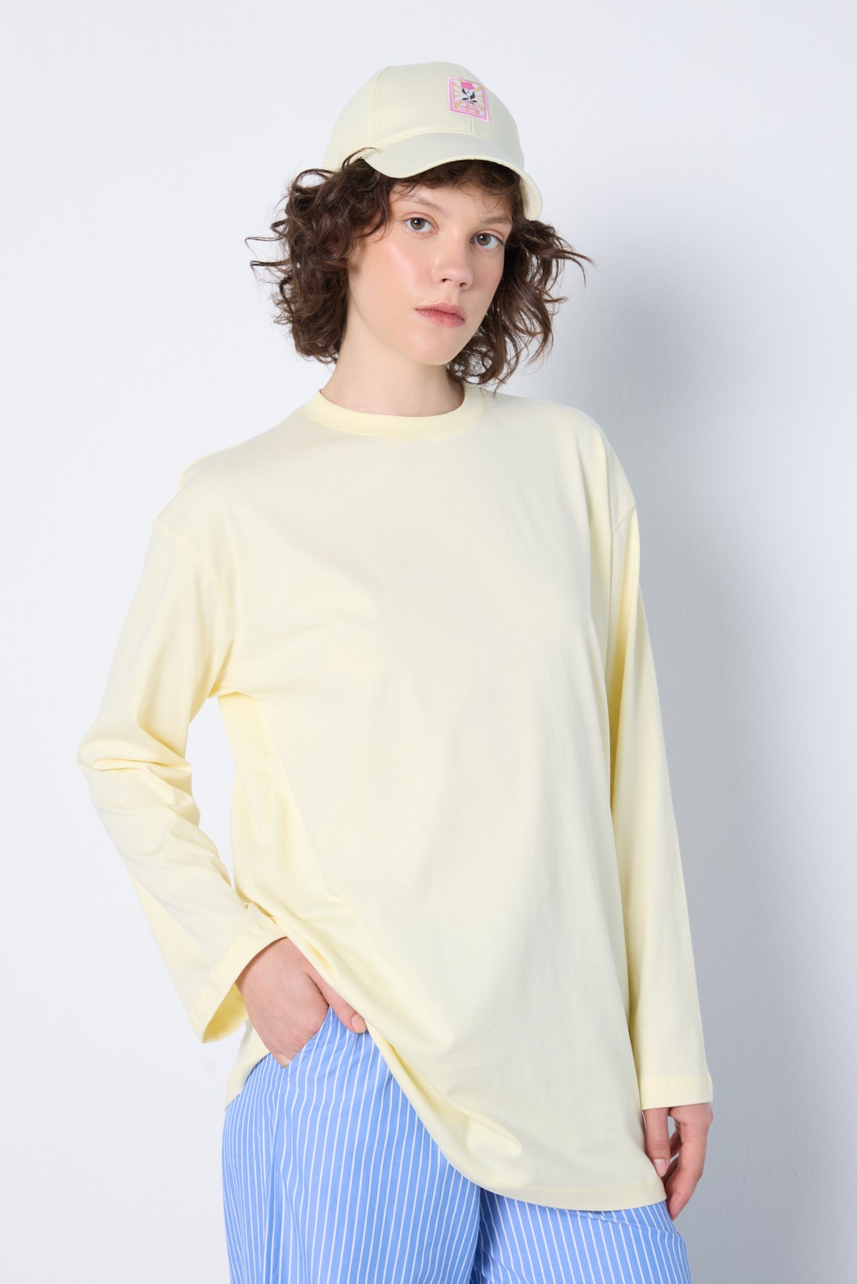 Geniş Kol Oversize Basic T-shirt Sarı