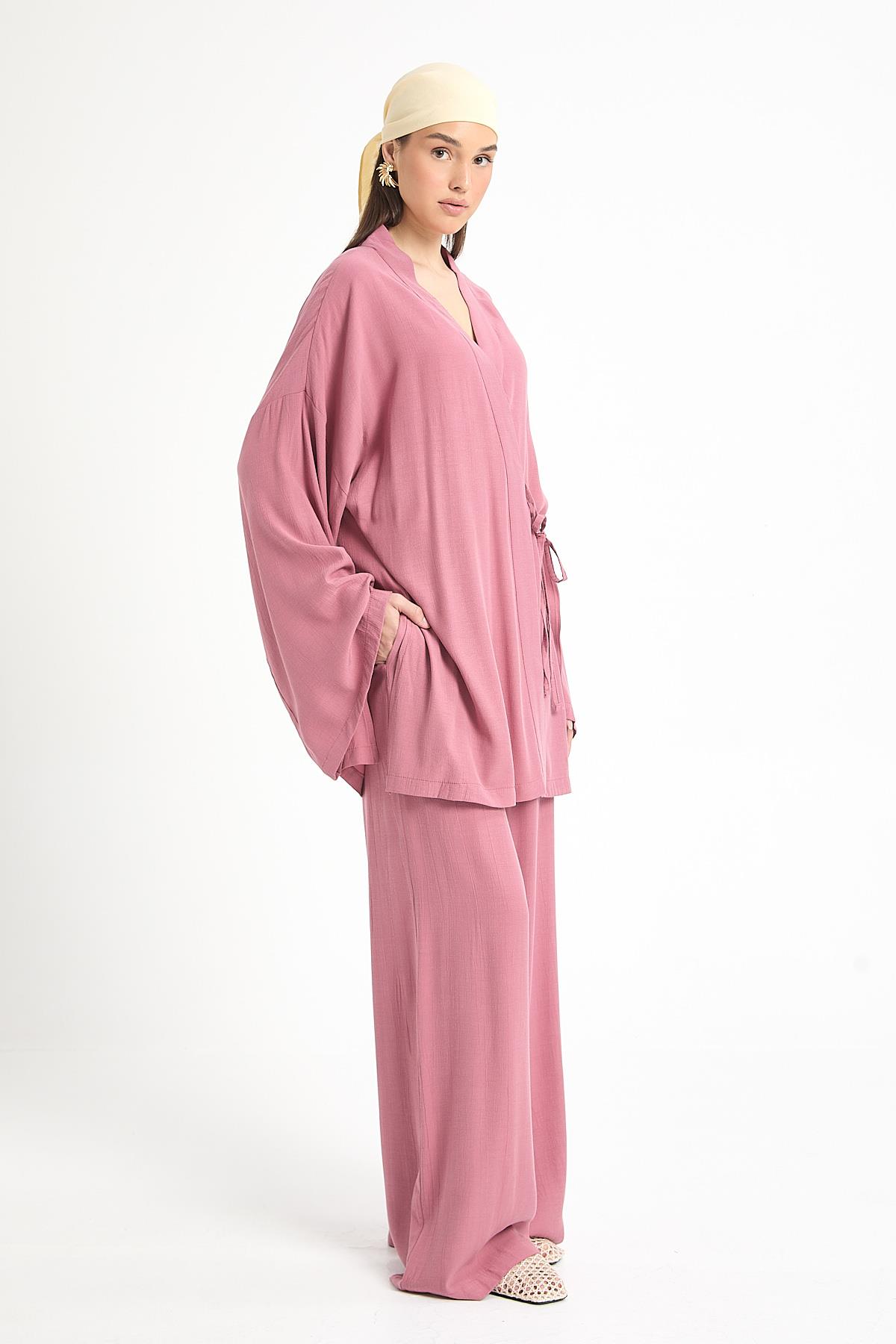 Gül Kurusu Tensel Kumaş Pantolon Kimono Alt/Üst Takım 29199