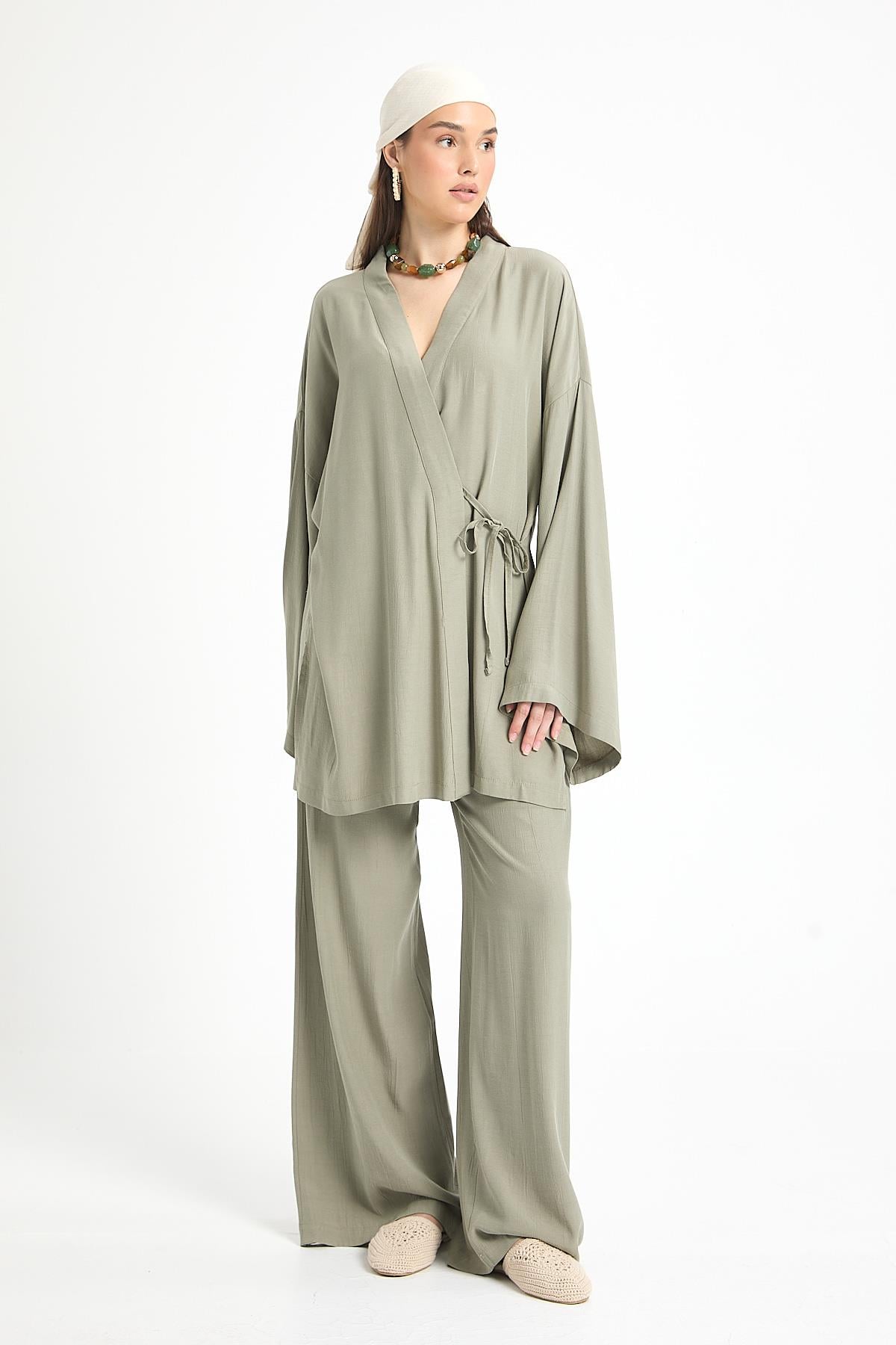 Haki Tensel Kumaş Pantolon Kimono Alt/Üst Takım 29199