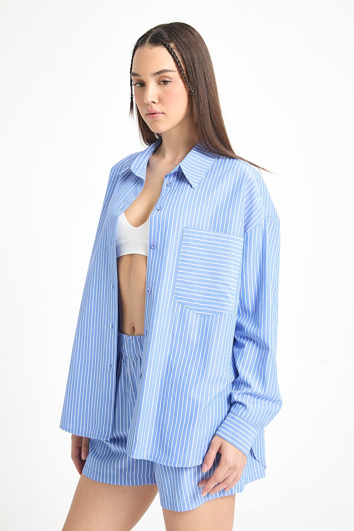 Henri Çizgili Gömlek/Şort Takım Mavi