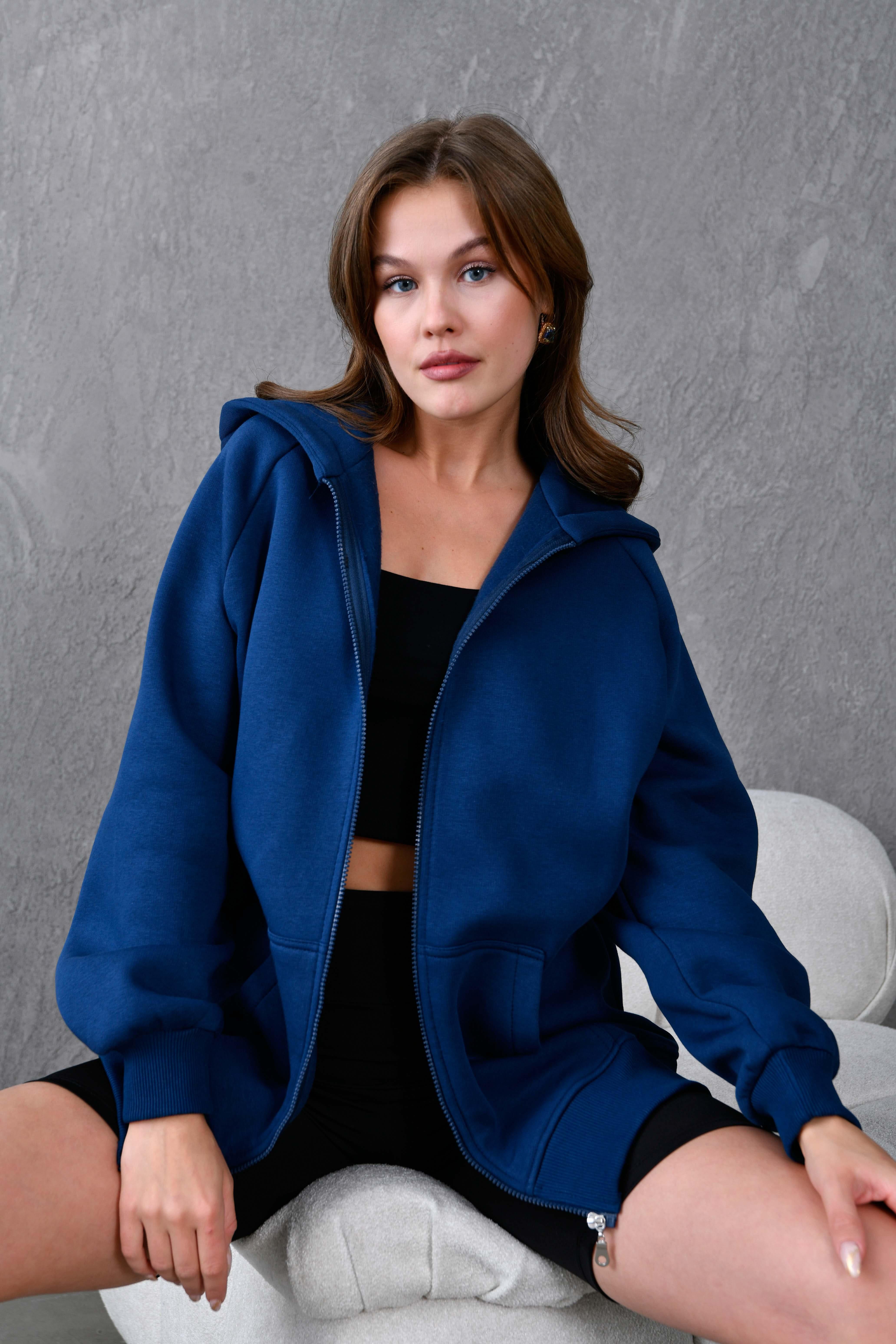 İndigo Fermuarlı Kapüşonlu Unisex Şardonlu Oversize Sweatshirt 28217