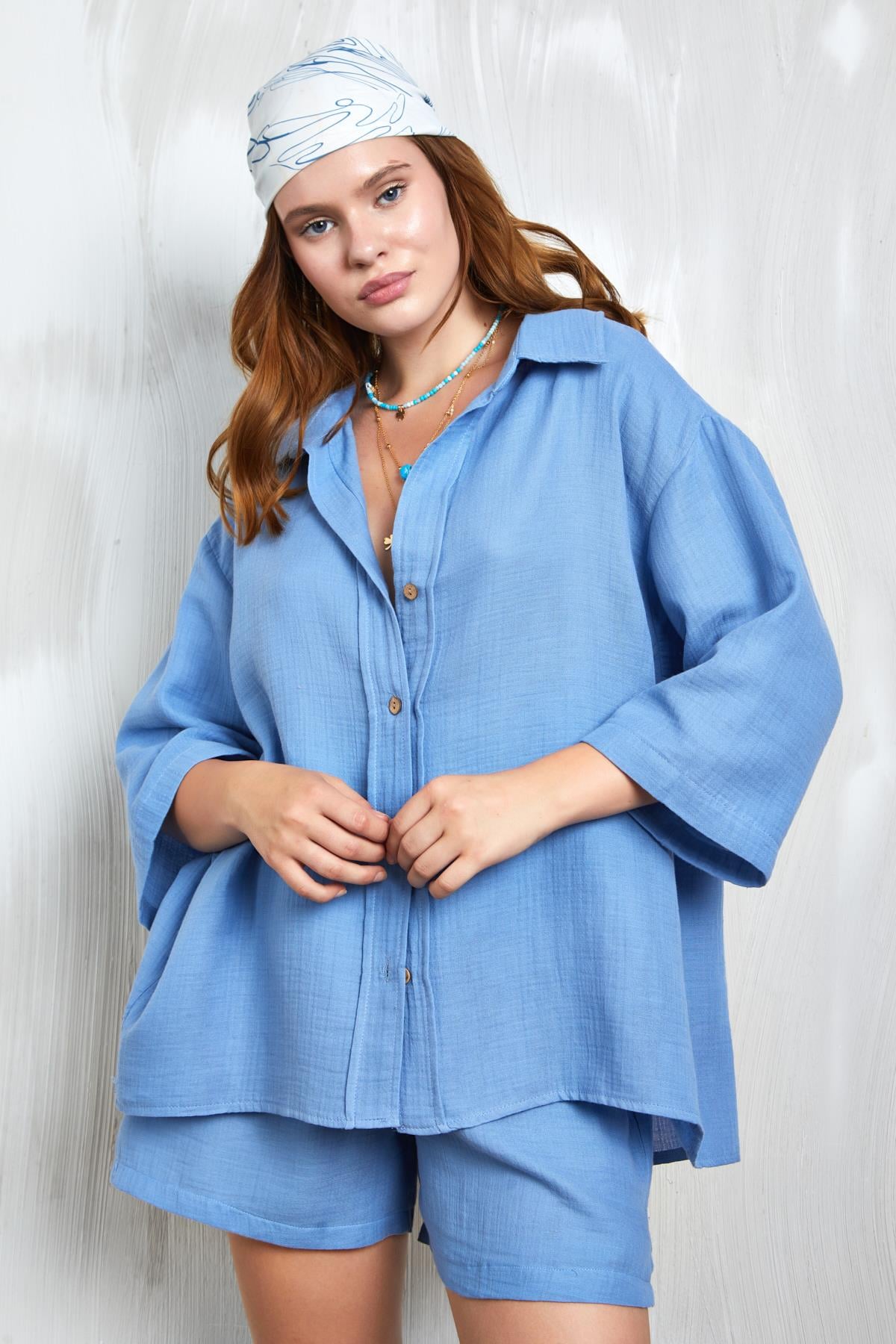 İndigo Müslin Kumaş Oversize Fakir Kol Gömlek 27349