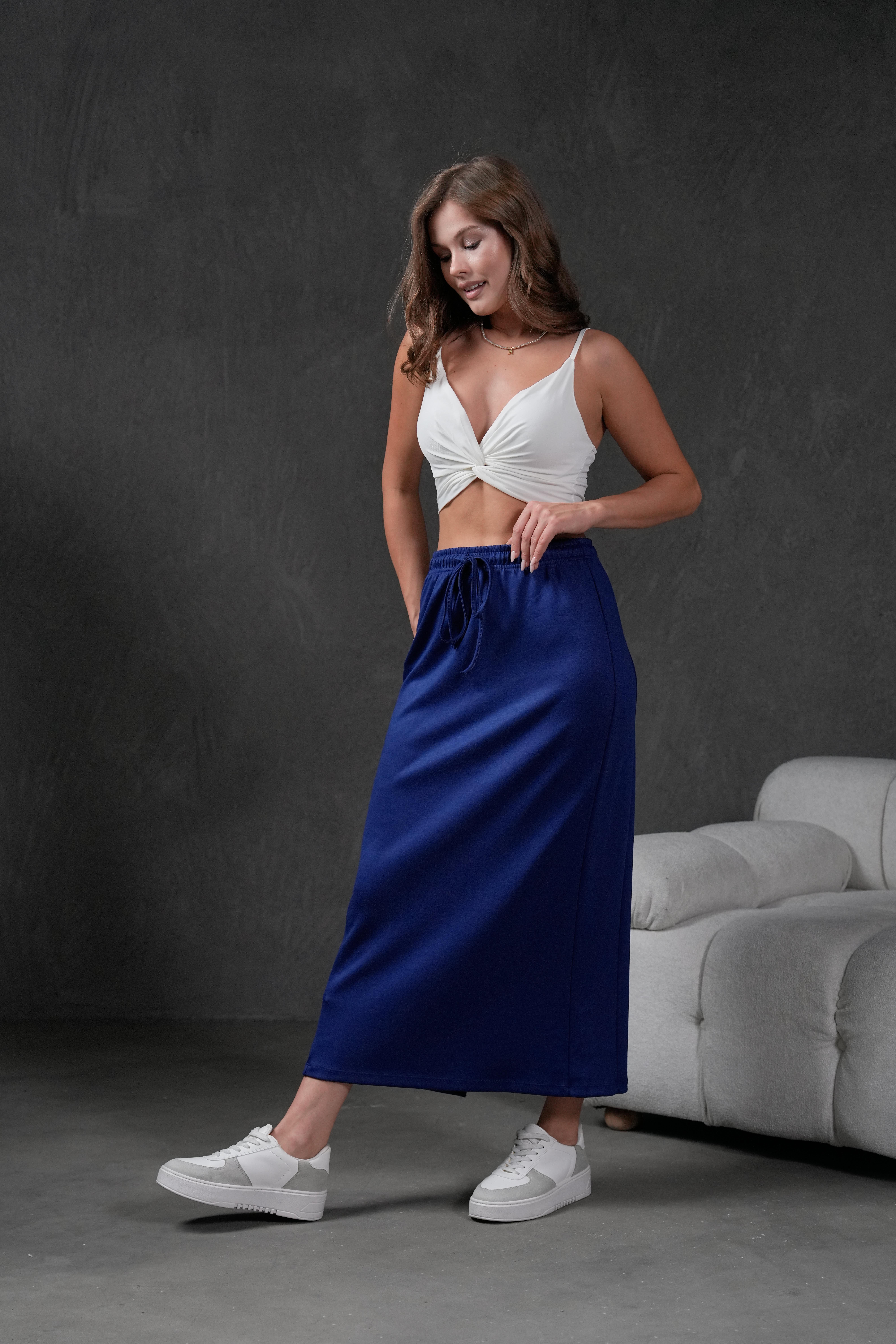 İndigo Örme Modal Beli Lastikli Yırtmaçlı Uzun Kadın Etek 28035