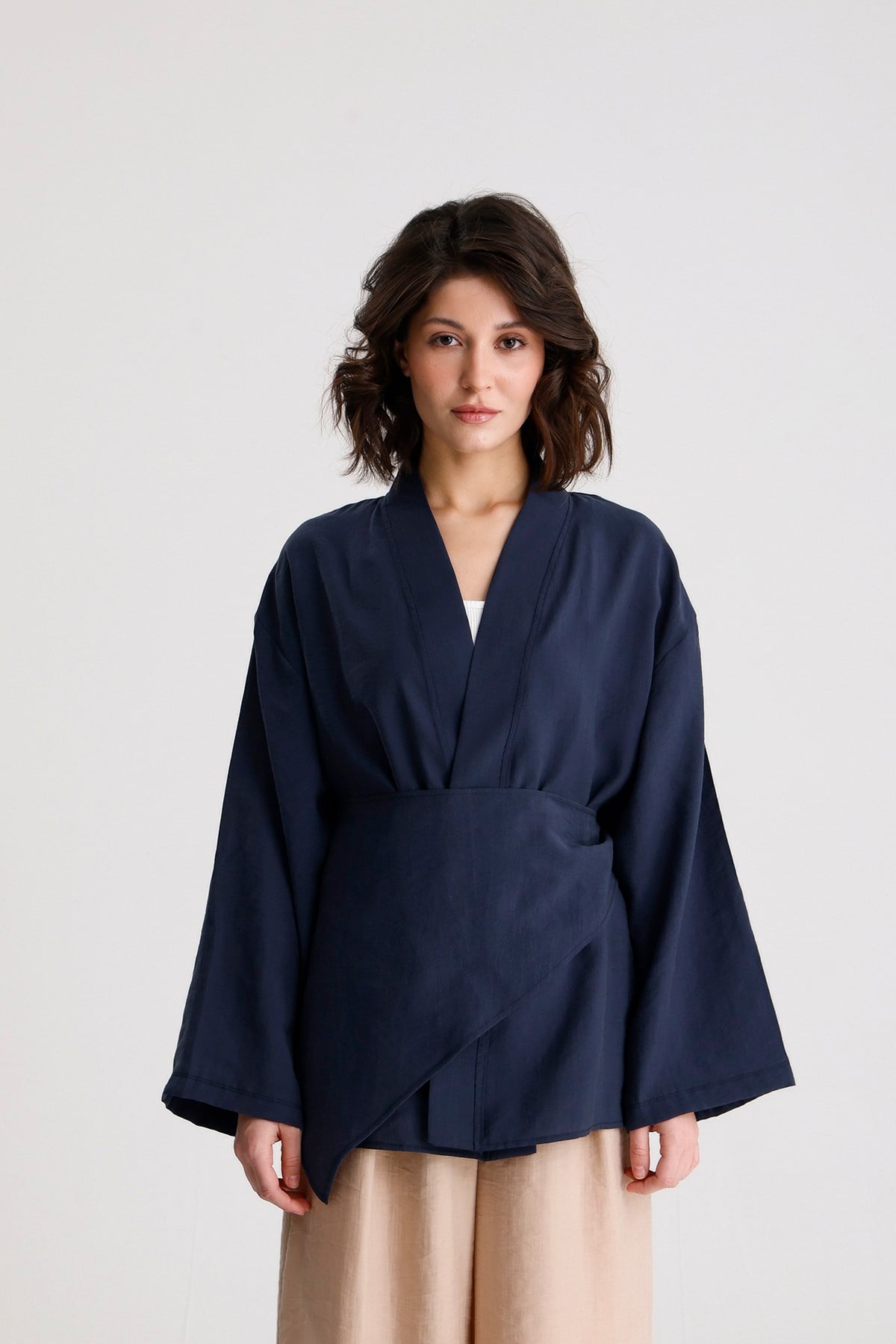 İndigo Tensel Kumaş Premium Kruvaze Kapama Kimono 31073