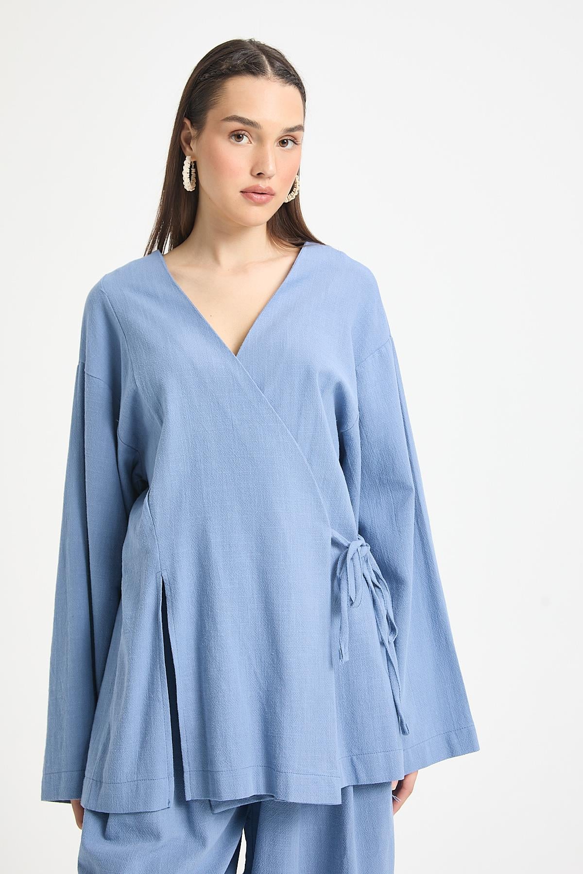 İndigo Yırtmaç Detaylı Bağlamalı Uzun %100 Pamuk Kimono 29211