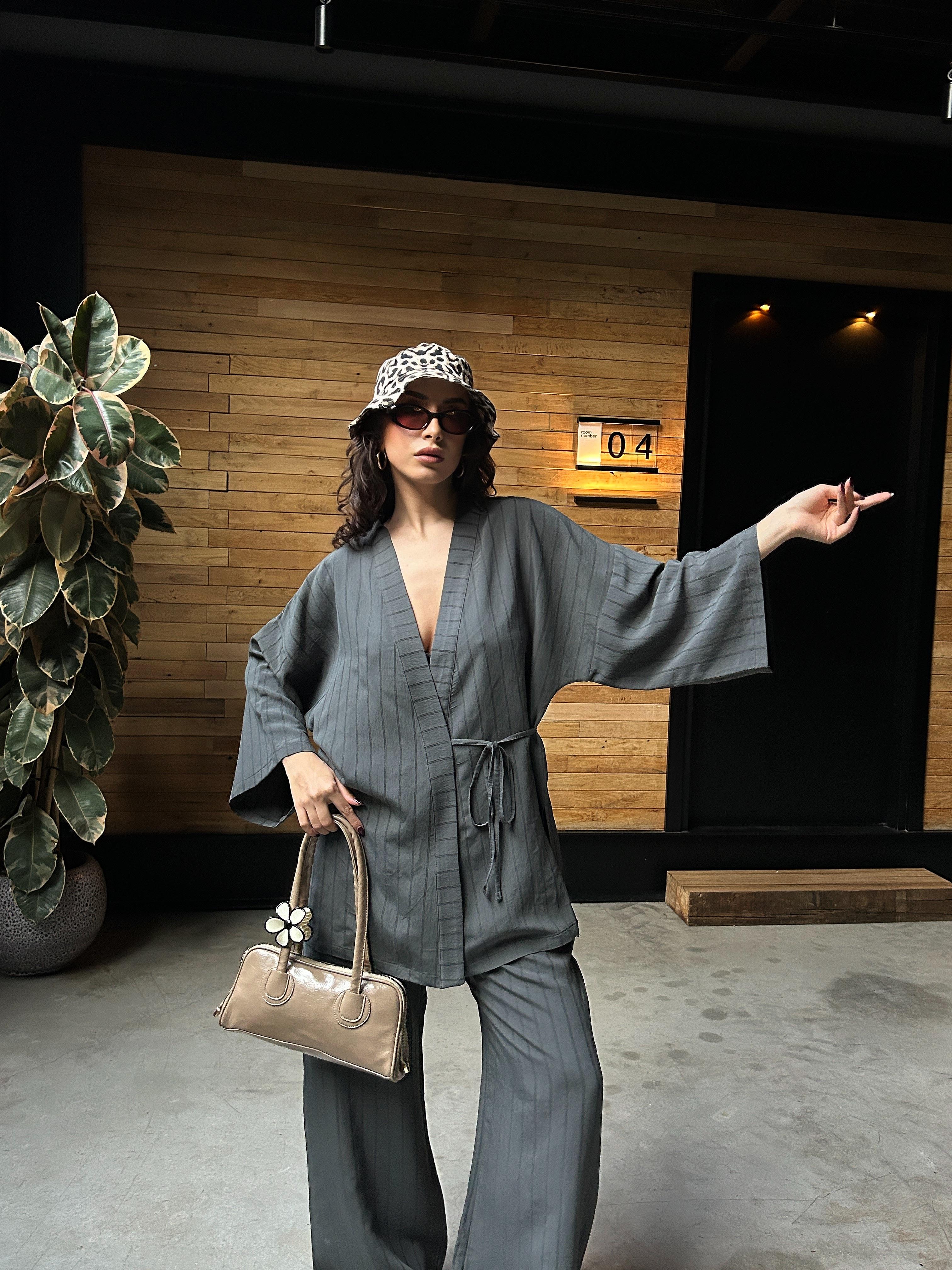 Kadın Antrasit Kendinden Desenli %100 Modal Alt/Üst Kimono Takım 29065