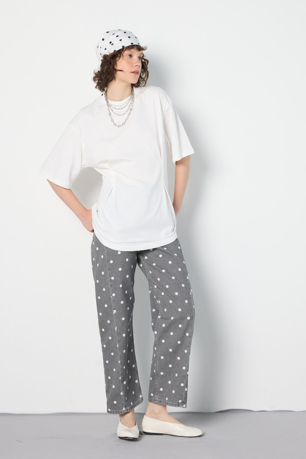 Kadın Bel Detaylı Oversize T-shirt Ekru