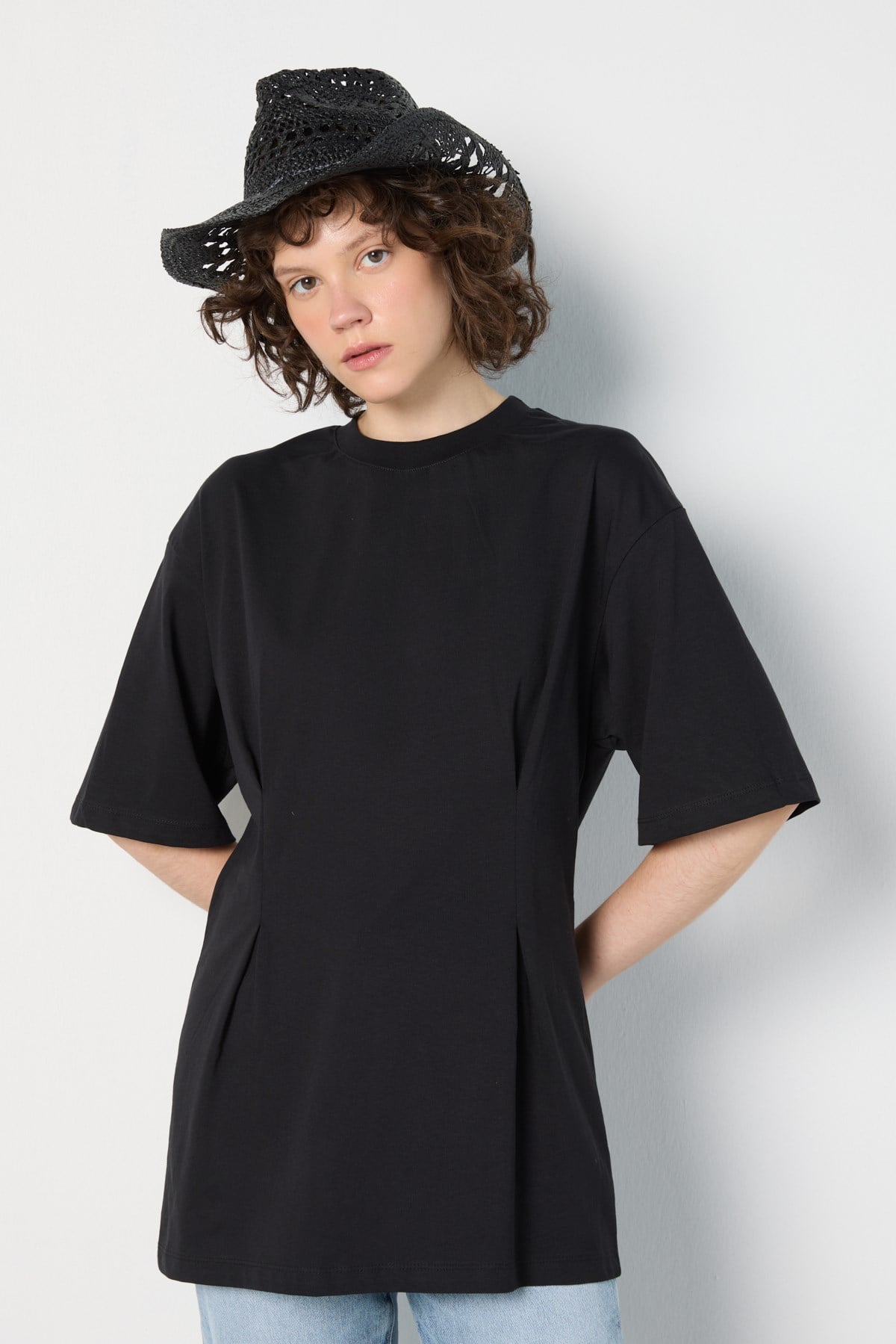 Kadın Bel Detaylı Oversize T-shirt Siyah