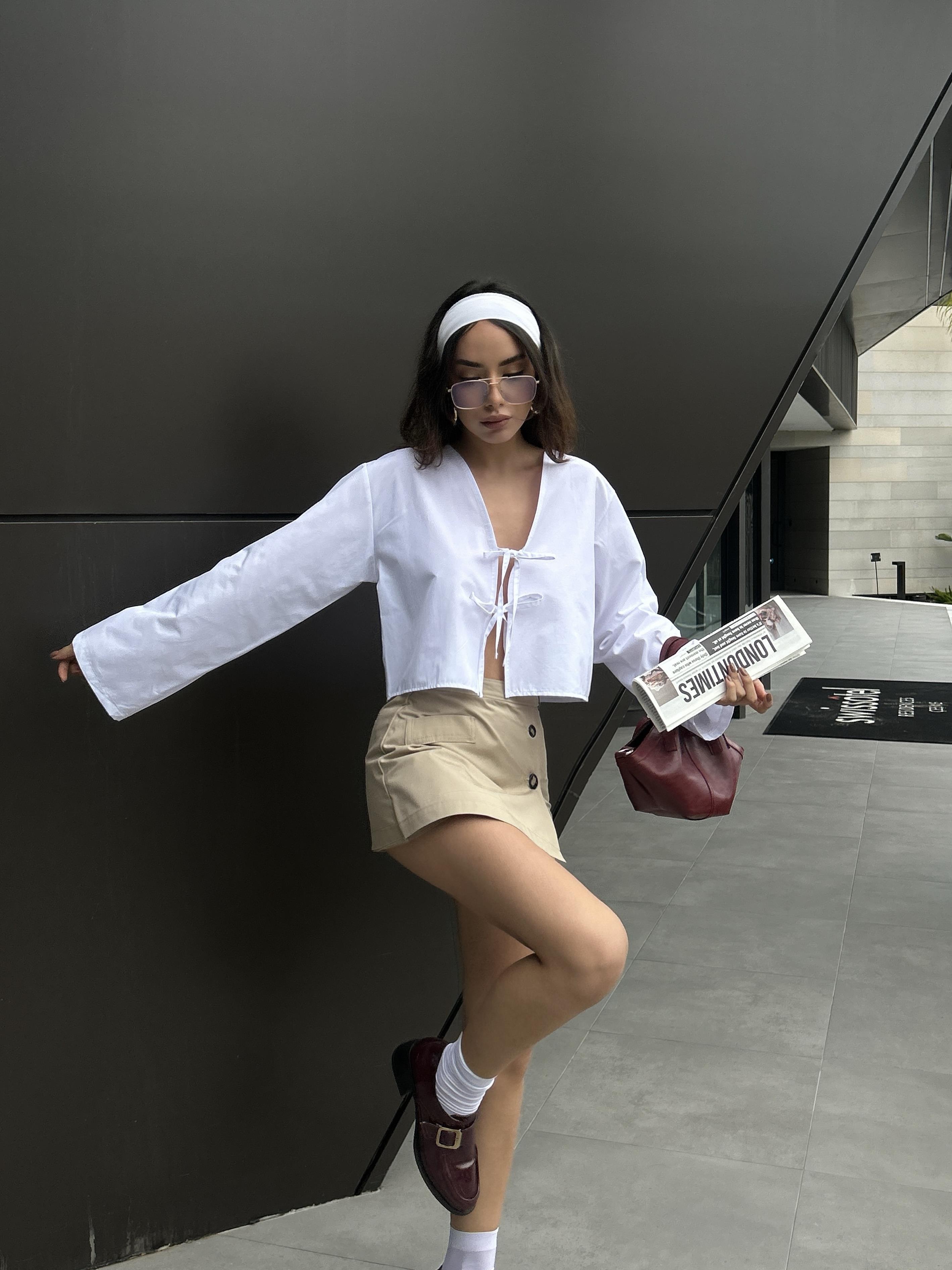 Kadın Beyaz Poplin Önden Bağlamalı Bluz 29085