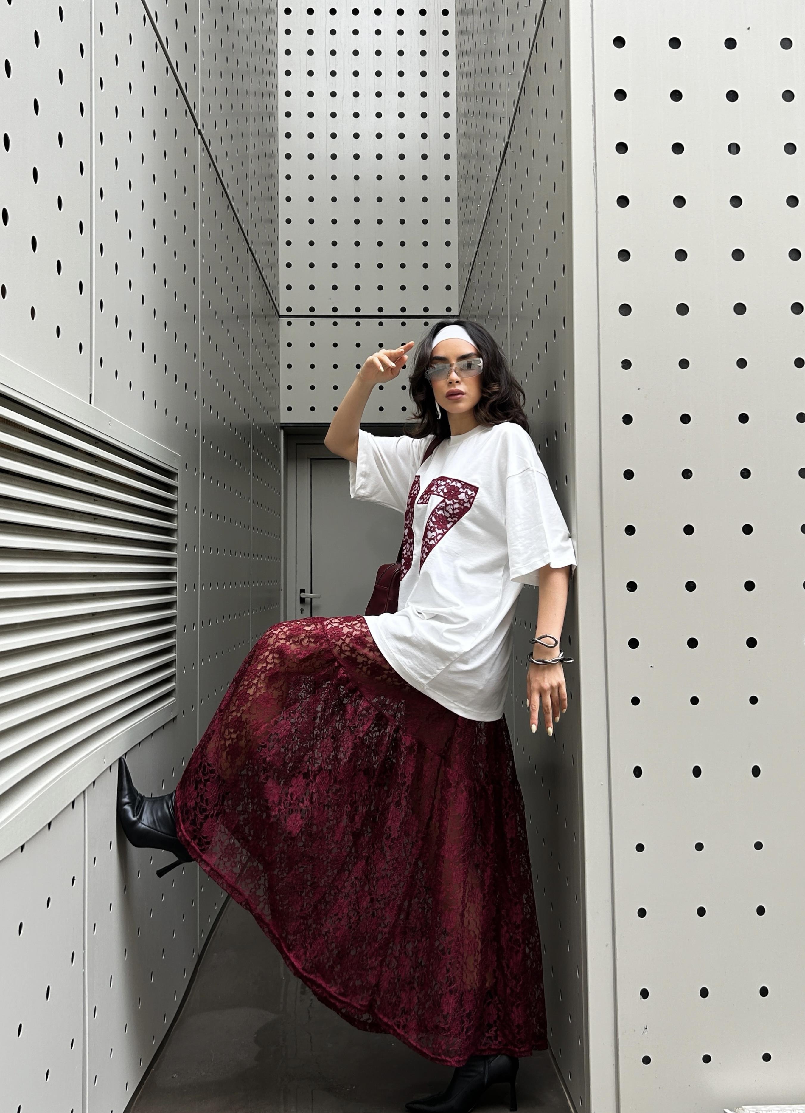 Kadın Bordo Astarsız Dantel Etek 29056