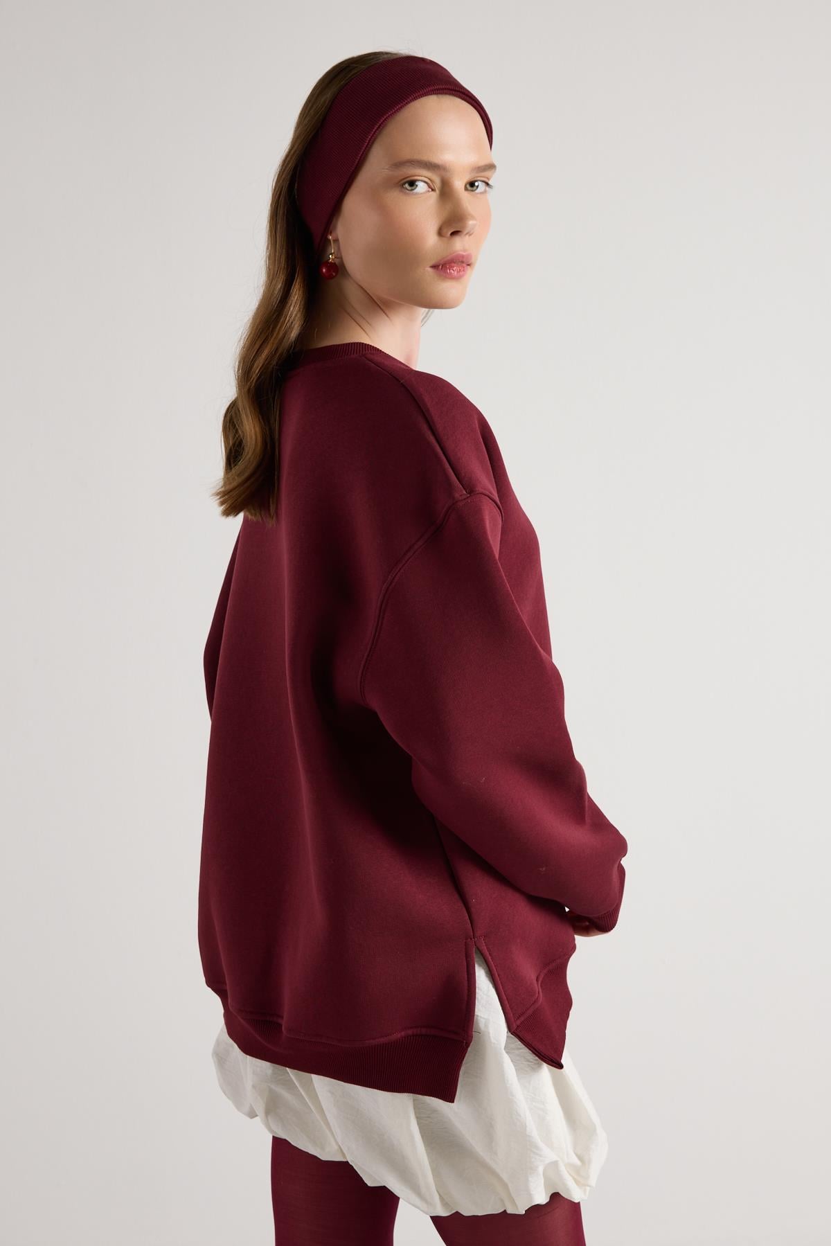 Kadın Bordo Basic Yırtmaçlı Oversize 3 iplik Şardonlu Sweatshirts 30078 