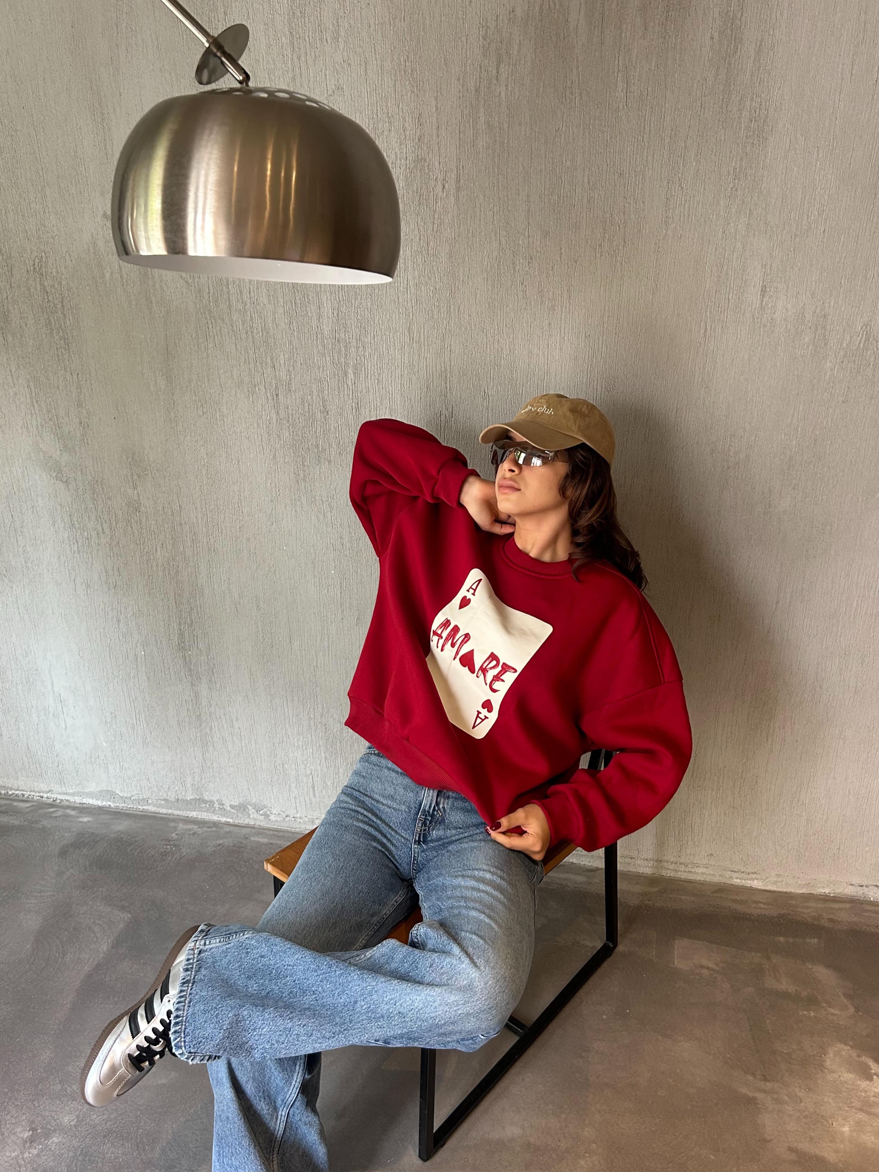 Kadın Bordo Baskılı Şardonlu 3 İplik Pamuk Sweatshirt 28059