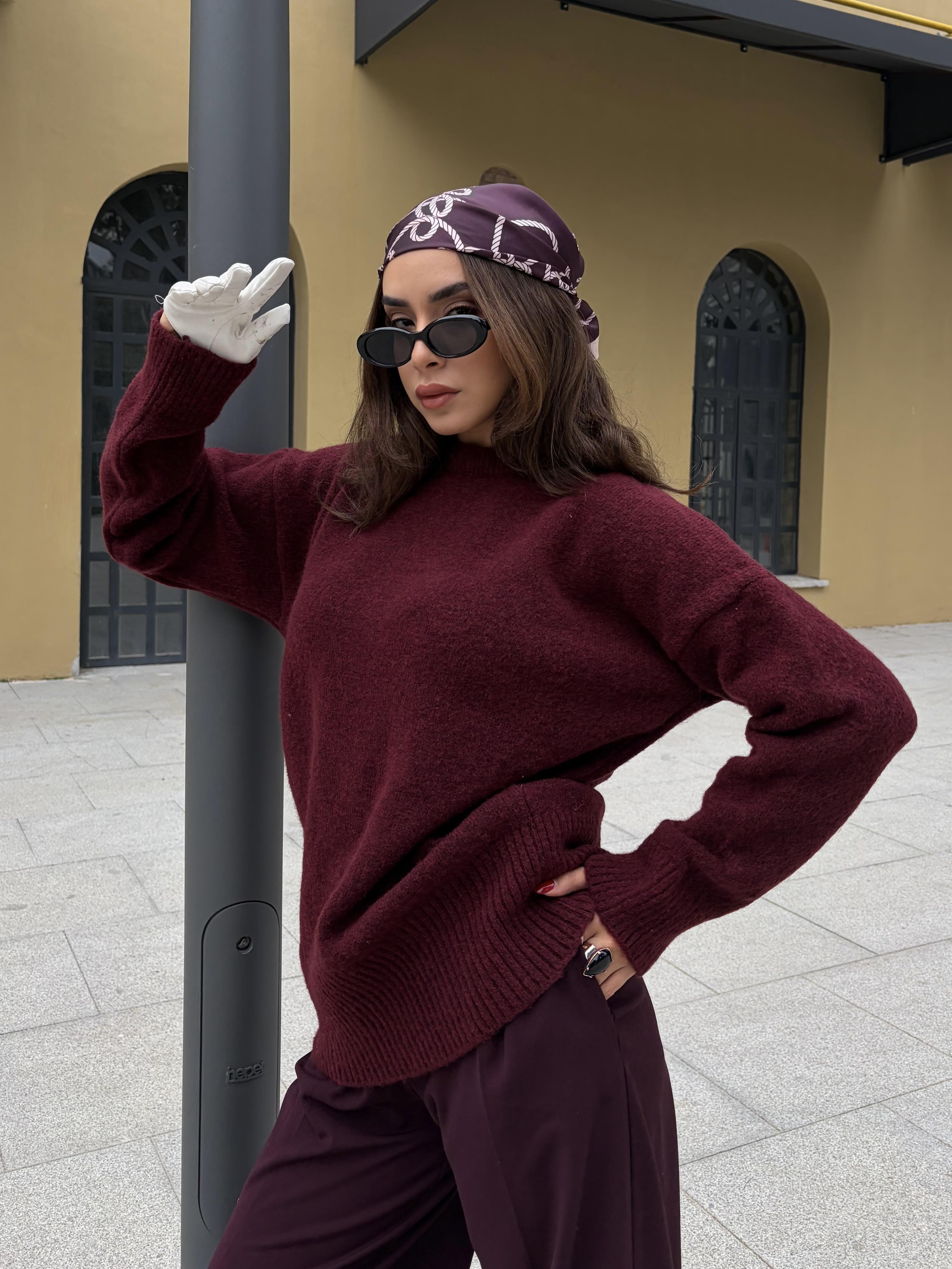 Kadın Bordo Bisiklet Yaka Tunik Boy Kazak 7035