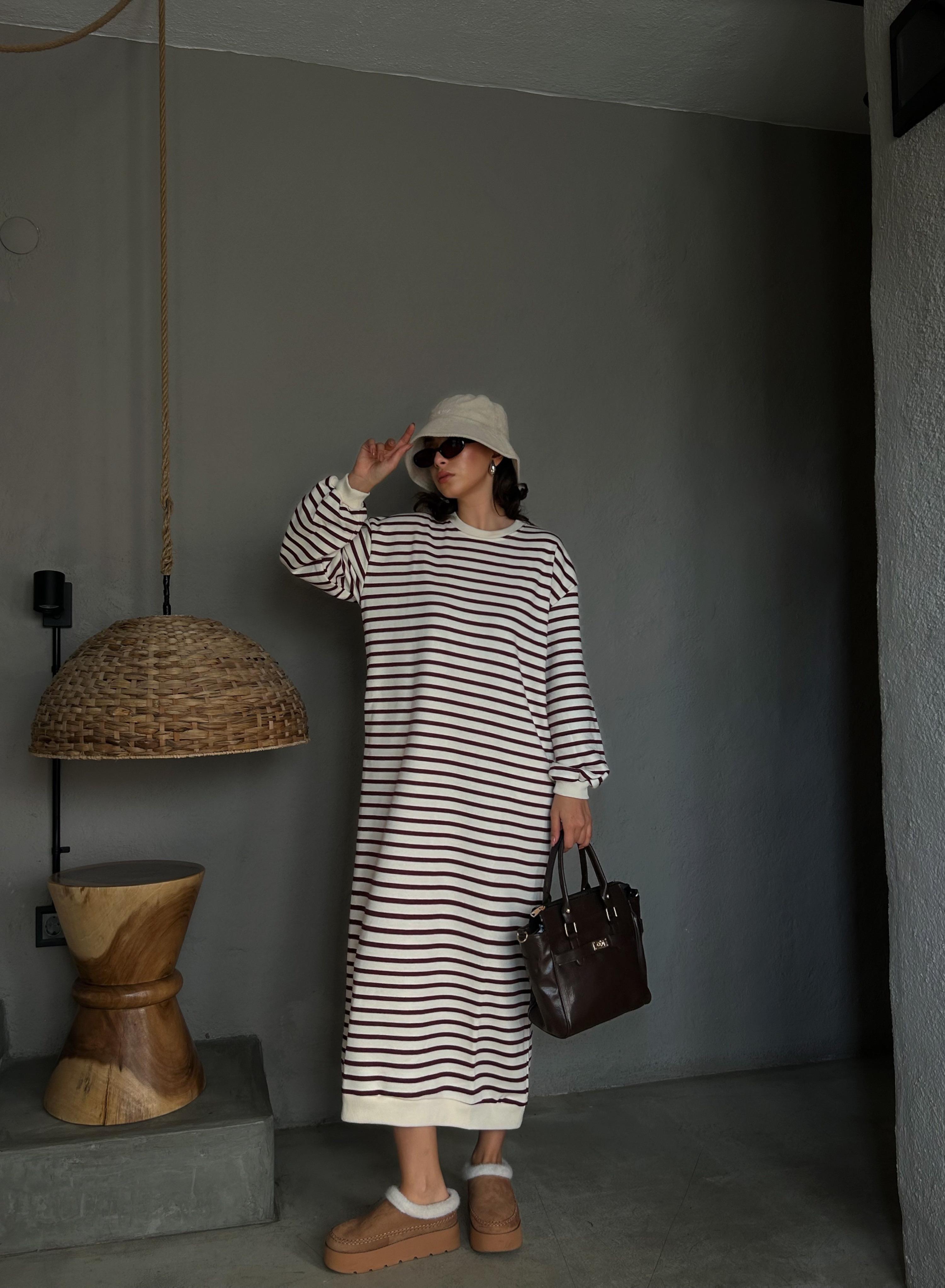 Kadın Bordo Çizgili 3 İplik Şardonsuz Uzun Oversize Elbise 28288