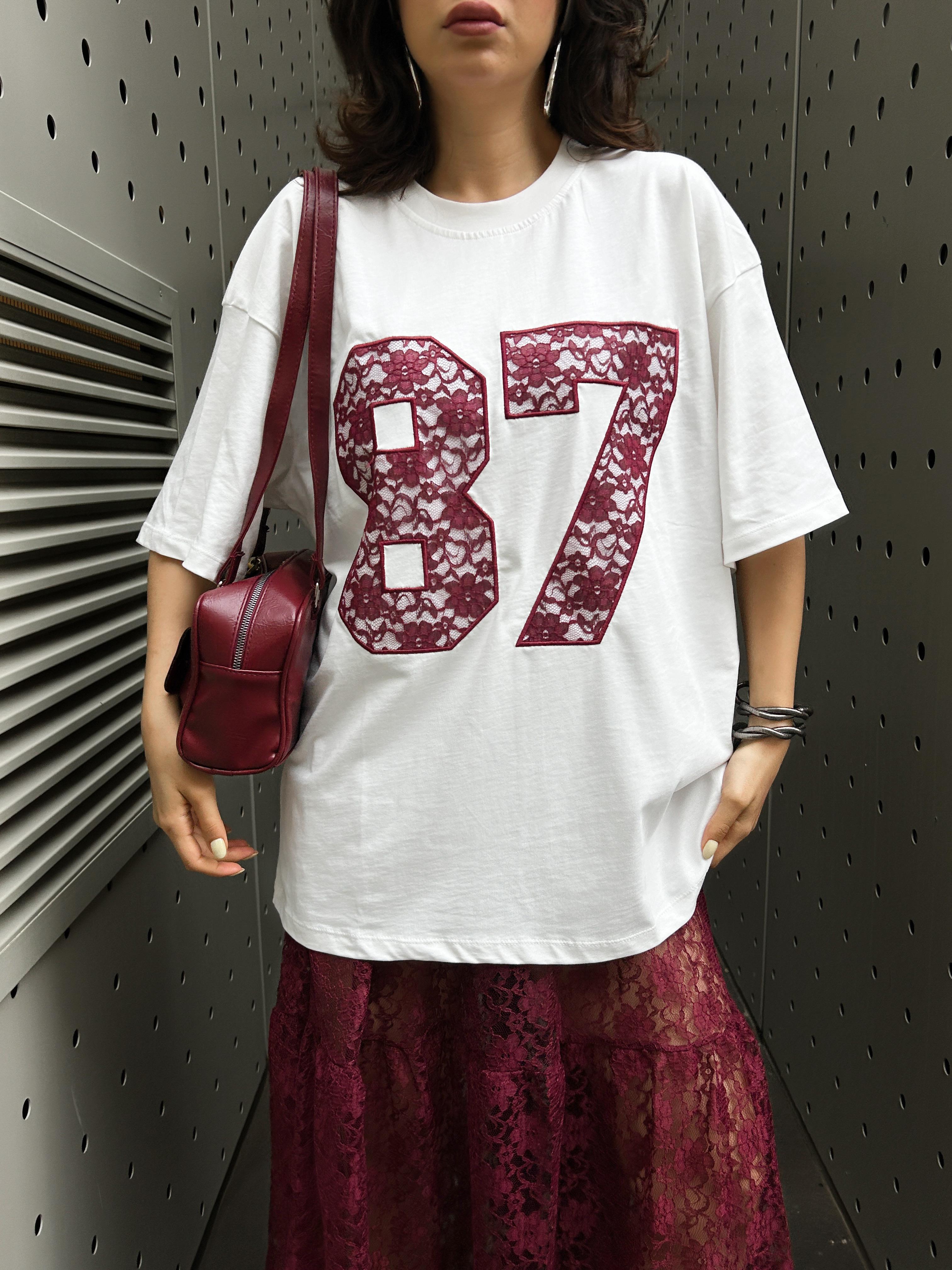Kadın Bordo Dantel Nakışlı Oversize T-shirt 29055