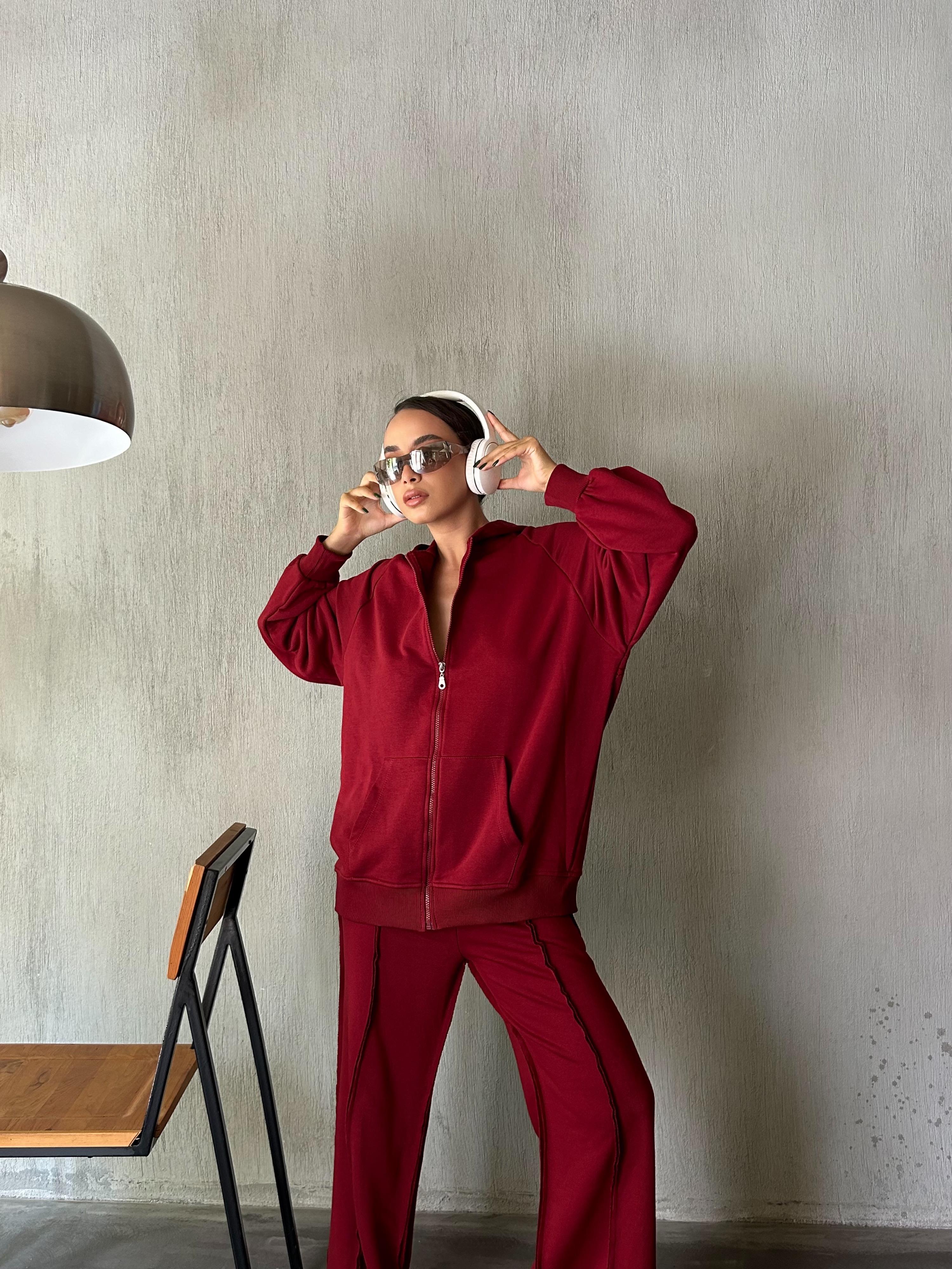 Kadın Bordo Fermuarlı Kapüşonlu Unisex Şardonsuz Oversize Sweatshirt 28178