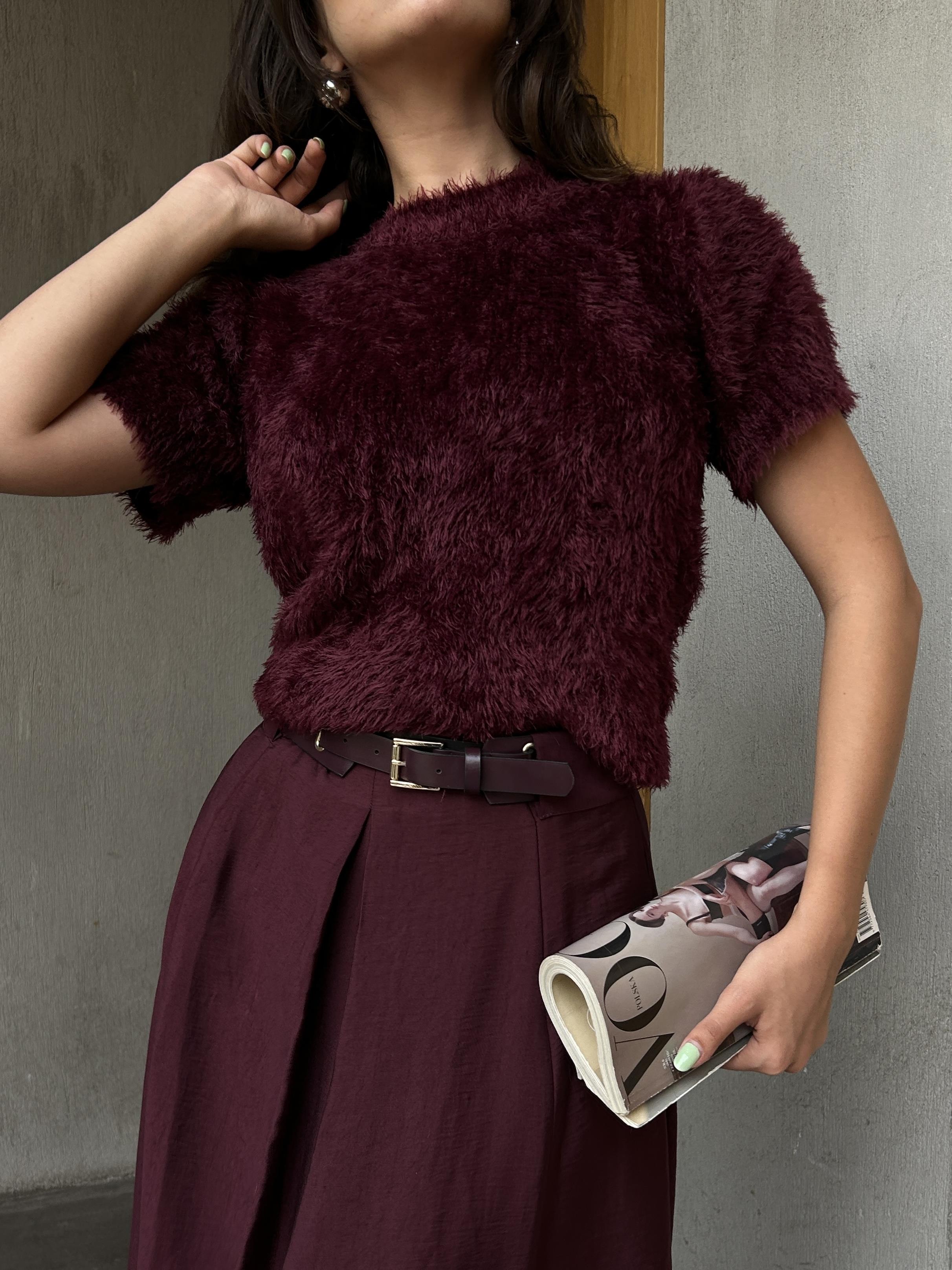 Kadın Bordo Kısa Kollu Peluş Kazak 5282
