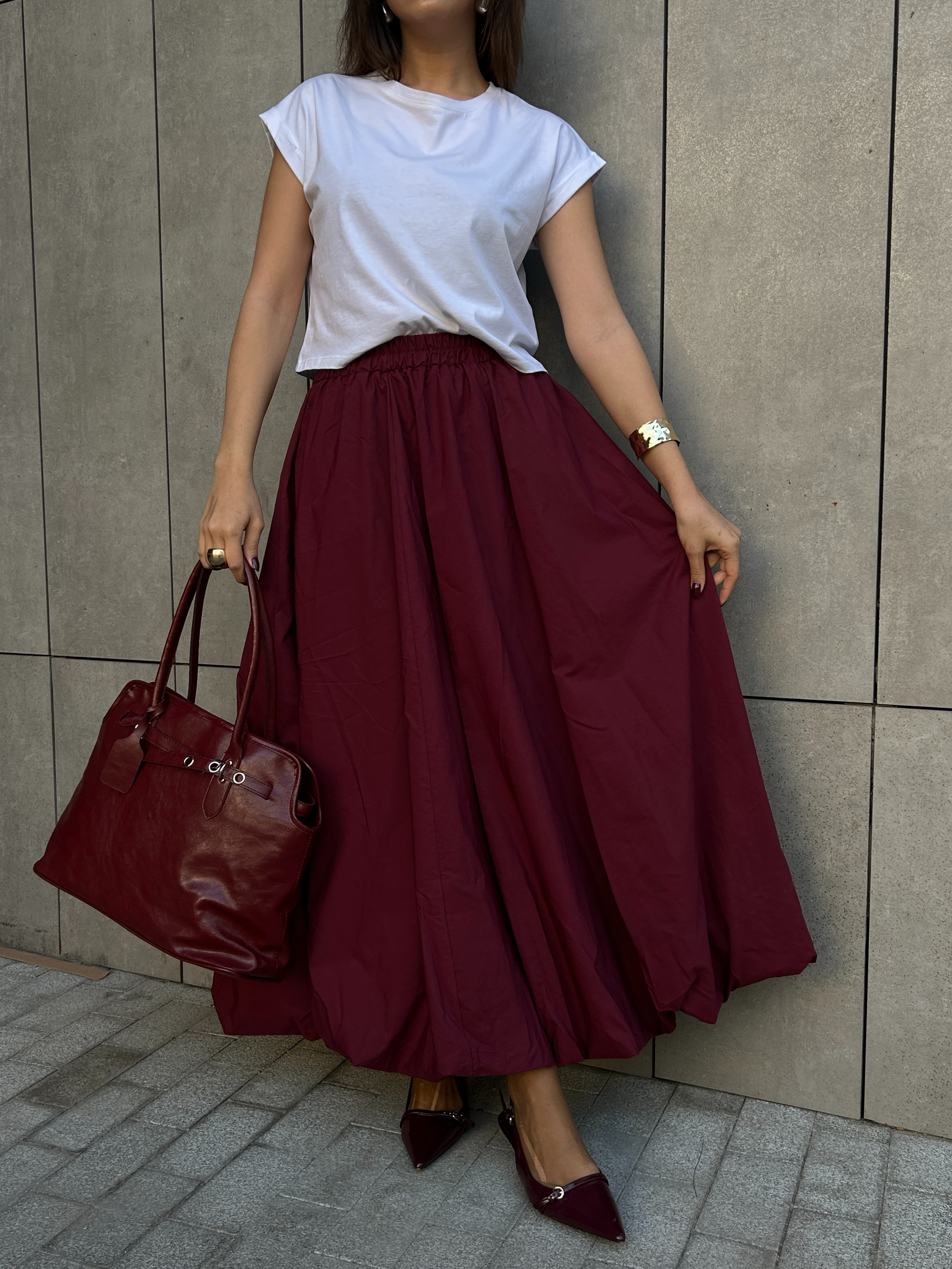 Kadın Bordo Lastikli Uzun Balon Etek 29004