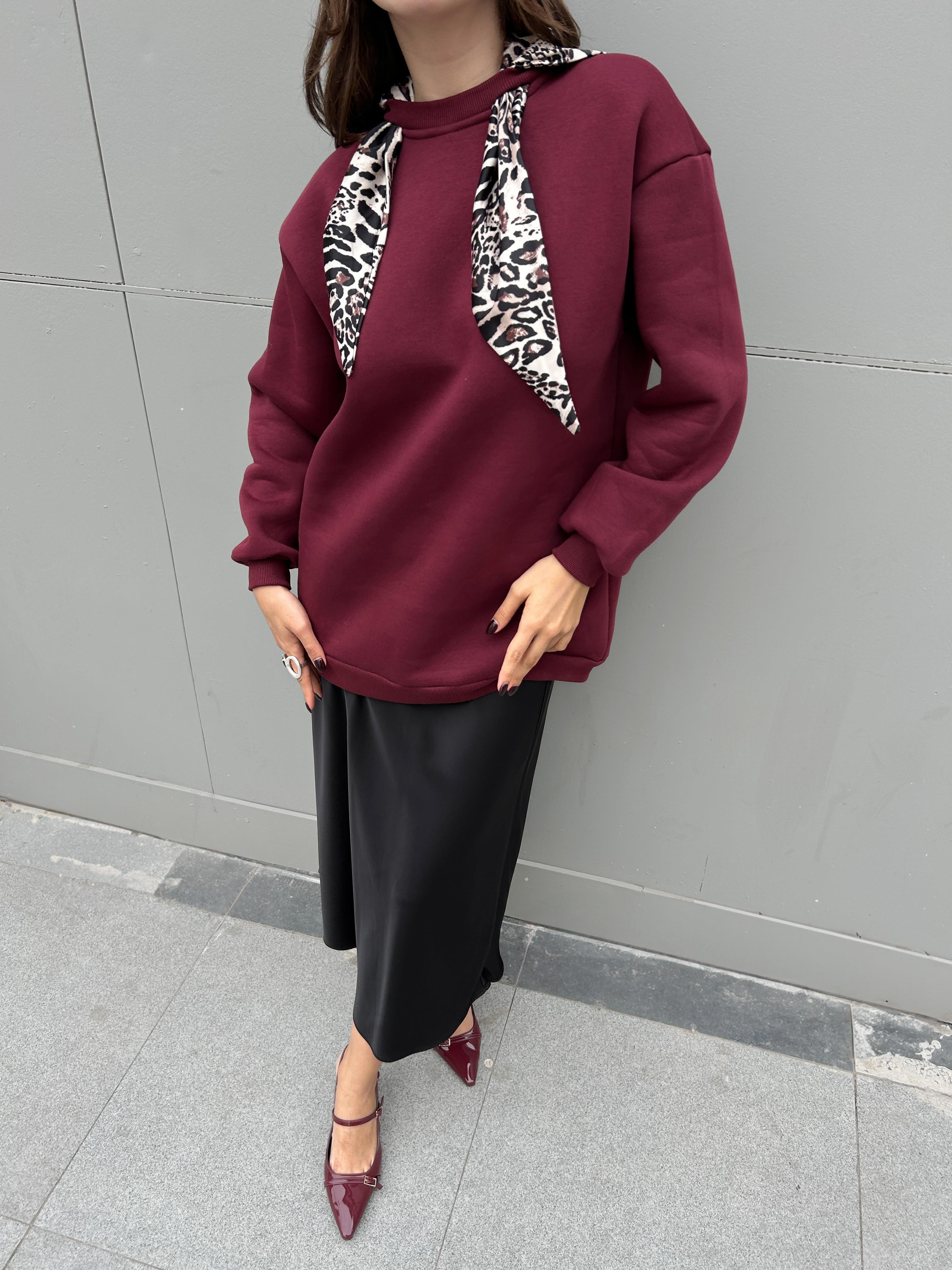 Kadın Bordo Leopar Şal Detaylı Owersize Sweatshirts 30096