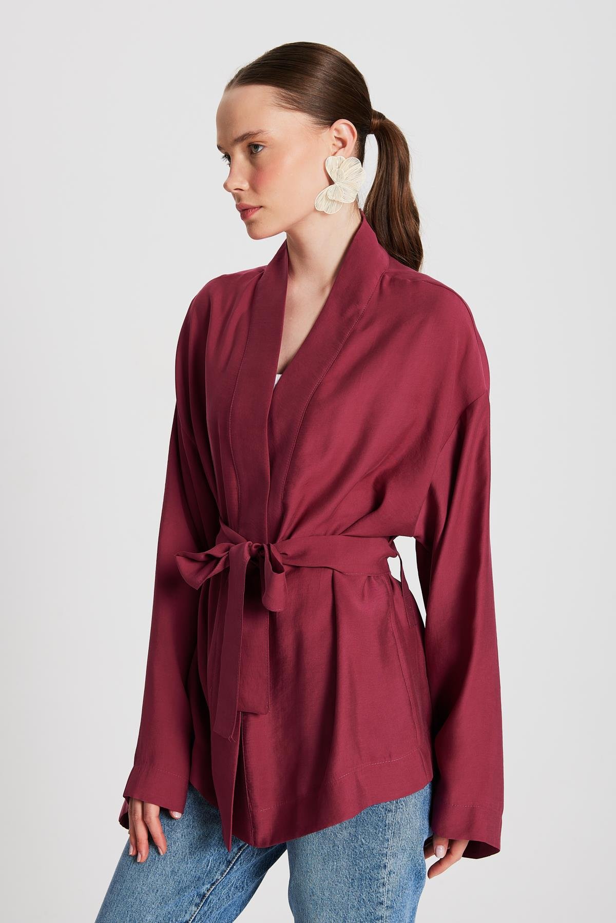 Kadın Bordo Oversize %100 Modal Bağlamalı Kimono Ceket 29146