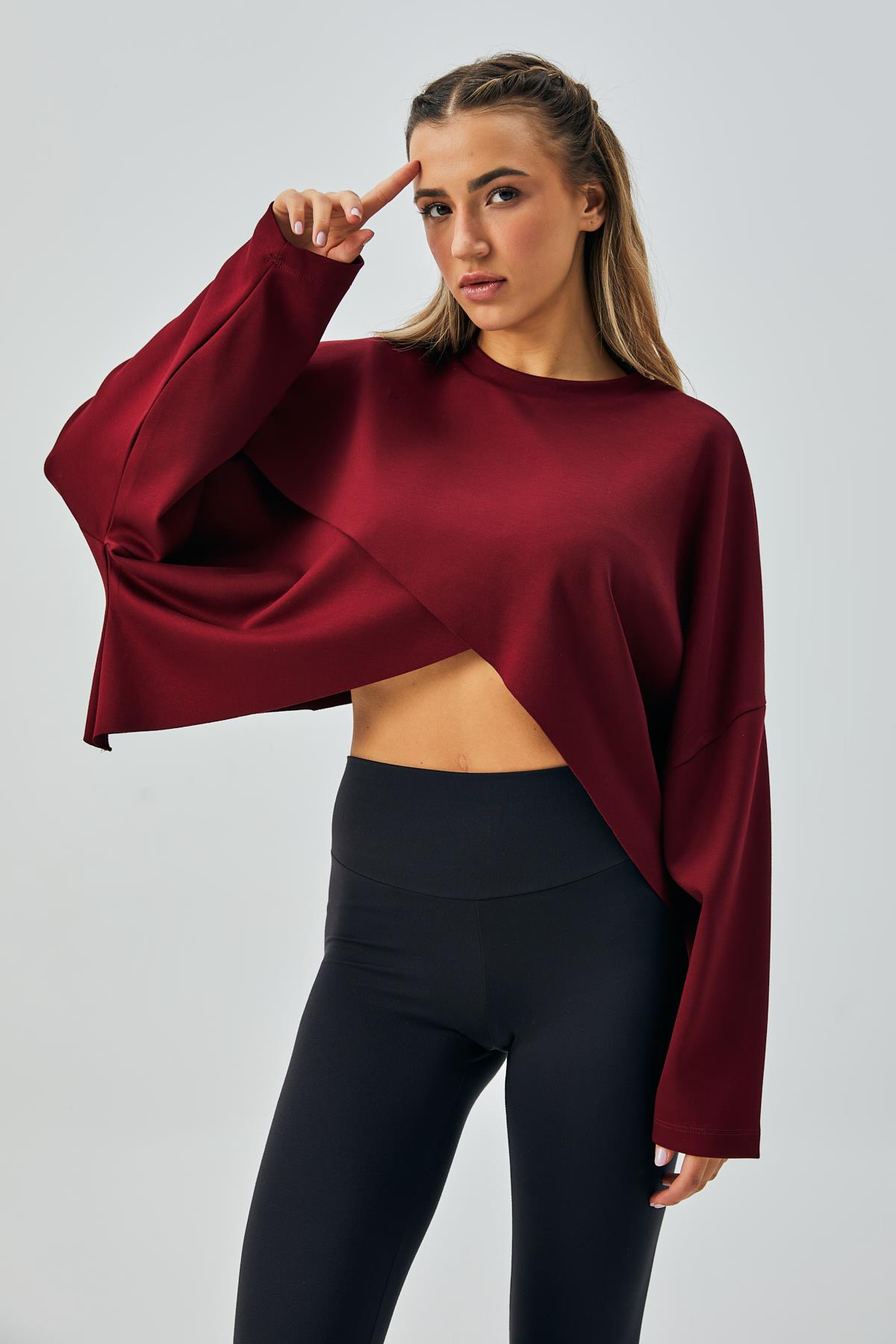 Kadın Bordo OYS Modal Kumaş Asimetrik Kesim Sweatshirt 28028