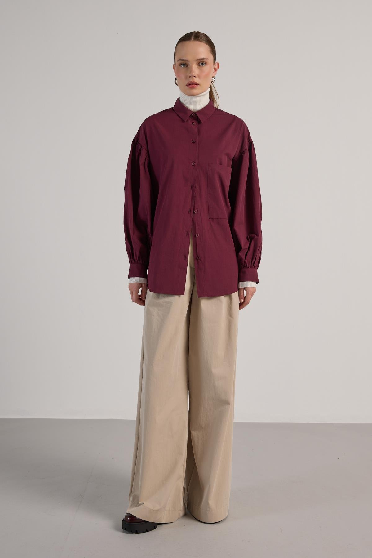 Kadın Bordo Pileli Cep Detaylı Oversize Gömlek 30062