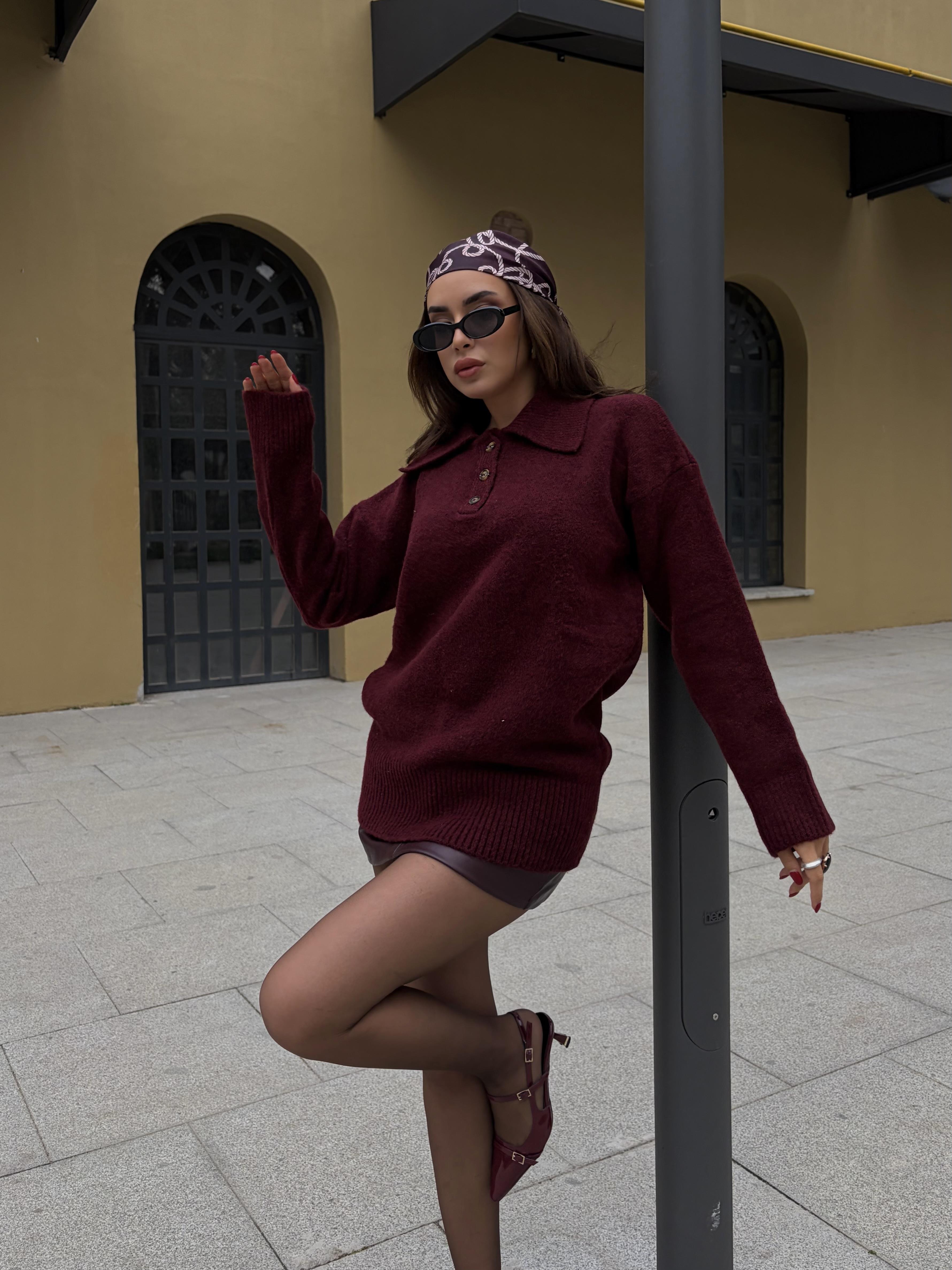 Kadın Bordo Polo Yaka Kazak Tunik Boy 7036